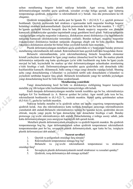 tagida qancha ko`p silindr bo`lsa, uning harakati shuncha osonlashadi, chunki har tomonga siljish imkoniyati kuchayadi, ya'ni siljishni butun bir sistemasi vujudga keladi. demak, metallda qancha siljish yuzalari va yo`nalishi ko`p bo`lsa, uni plastik deformatsiyaga bo`lgan qobiliyati shuncha ko`p bo`ladi. kub yacheykaga ega bo`lgan (mke yeki yomke) metallar oson plastik deformatsiyalanadi, chunki ularda siljish yo`nalishlari ko`pdir. elementar kristall panjarasi geksogonal bo`lgan metallarda siljish yo`nalishi kam bo`lgani uchun qiyin deformatsiyalanadi, ya'ni ularni juvalash, shtamplash ancha qiyin. ammo siljish jarayoni osonroq, kristallarni bir qismini ikkinchisiga nisbatan ko`chishi deb tushunish noto`g`ri bo`ladi. bunday mukammal va tartibli siljish juda katta kuchlanishni talab qilgan bo`lardi. siljish ilgari aytganidek kristallarda dislokatsiyaning ostida, atomlar bir atom masofaga ko`chmasdan balki bir atom masofadan ancha kamroq masofaga kuchayadi, bunda atomlar faqat qatlam tekisligida emas, balki uchiga parallel bo`lgan hamma atom qatlamlarida ko`chish ro`y beradi. bunday siljish dislokatsiya orqali ro`y beradi. dislokatsiya bunday siljishi uchun unga ko`p kuchlanish kerak bo`lmas ekan. …