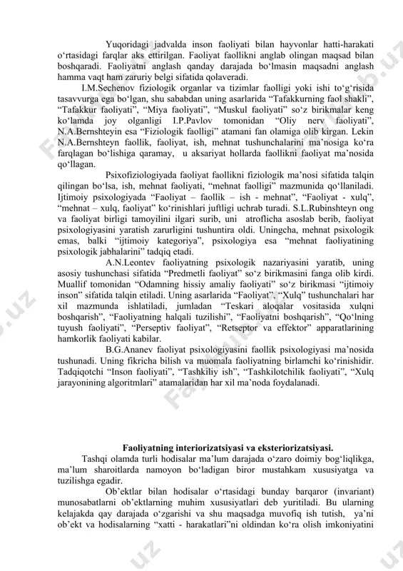 jtimoiy vositalari (til va boshqa belgilar tizimi) yoki moddiy madaniyat mahsulotlari orqali amalga oshiriladi. yordamchi qurollar, vositalar yasashi mumkin, ammo undan qurol sifatida doimo foydalanmaydi. bir qurol yordamida boshqa qurol yasay olmaydi. mehnat qurollari yasab, uni keyingi avlodlariga ham qoldirishi mumkin. turli predmet va qurollardan foydalanib, yangi qurol va vositalar yarata oladi. tashqi muhitga moslashadi o‘z ehtiyojlariga muvofiq tarzda tashqi dunyoni o‘zgartiradi. odamni ishlashga majbur qiluvchi motiv uning ovqatlanish ehtiyoji bo‘lishi mumkin. biroq odam, masalan, dastgohni ochlik ehtiyojini qondirish uchun boshqarmaydi. inson faoliyatining mazmuni jamiyat talab qiladigan biron mahsulotni tayyorlash maqsadi bilan belgilanadi. faollik manbai bo‘lgan faoliyat yaxshi anglab olingan maqsad bilan belgilanadi. yuqoridagi jadvalda inson faoliyati bilan hayvonlar hatti-harakati o‘rtasidagi farqlar aks ettirilgan. faoliyat faollikni anglab olingan maqsad bilan boshqaradi. faoliyatni anglash qanday darajada bo‘lmasin maqsadni anglash hamma vaqt ham zaruriy belgi sifatida qolaveradi. i.m.sechenov fiziologik organlar va tizimlar faolligi yoki ishi to‘g‘risida tasavvurga ega bo‘lgan, shu sababdan uning …