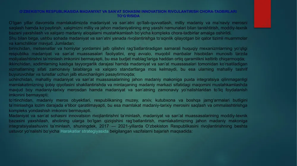 konini bermayapti. madaniyat va san’at sohasini innovatsion rivojlantirishni ta’minlash, madaniyat va san’at muassasalarining moddiy-texnik bazasini yaxshilash, aholining ularga bo‘lgan qiziqishini rag‘batlantirish, mamlakatimizning jahon madaniy makoniga integratsiyalashuvini ta’minlash, shuningdek, 2017 — 2021-yillarda o‘zbekiston respublikasini rivojlantirishning beshta ustuvor yo‘nalishi bo‘yicha harakatlar strategiyasida belgilangan vazifalarni bajarish maqsadida: 1. o‘zbekiston respublikasi madaniyat vazirligi, vazirlar mahkamasi huzuridagi madaniyat va san’atni rivojlantirish jamg‘armasi (keyingi o‘rinlarda jamg‘arma deb yuritiladi), moliya vazirligi va innovatsion rivojlanish vazirligining quyidagilarni nazarda tutuvchi muzeylar renovatsiya dasturini (keyingi o‘rinlarda — renovatsiya dasturi) eksperiment tarzida amalga oshirish to‘g‘risidagi taklifiga rozilik berilsin: (1-bandning birinchi xatboshisi o‘zbekiston respublikasi prezidentining 2021-yil 9-dekabrdagi pq-36-son qarori tahririda — qonunchilik ma’lumotlari milliy bazasi, 09.12.2021-y., 07/21/36/1143-son) muzeylar budjetining kamida 30 foizini tadbirkorlik faoliyatidan tushadigan mablag‘lar hisobidan, shu jumladan, davlat-xususiy sheriklik shartlari asosida tadbirkorlik subyektlarini jalb qilish orqali, shuningdek, muzeylar budjetining kamida 15 foizini xayriya mablag‘lari hisobidan moliyalashtirishga bosqichma-bosqich o‘tishni nazarda tutuvchi o‘zini o‘zi ta’minlash prinsipiga asoslangan muzeylarni moliyalashtirish modelini joriy etish; …