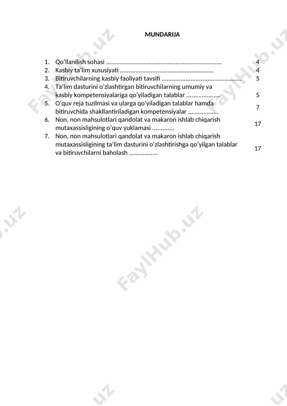 shtirganlarga belgilangan tartibda sertifikat beriladi. 2.2. ruhiy-fiziologik fazilatlar minimumi: kuzatuvchanlik, diqqatni bir joy qaratish, fikrni jamlash, qo‘l-oyoq harakatini jarayonga moslashtirish, har tomonlama tez fikrlash va faraz qilish, yorug‘likni sezish, faol va tez xotirlash, harakat xotirasi va moslashuvchanlik. 2.3. ta’limni davom ettirish imkoniyatlari. 40720103-non, non mahsulotlari qandolat va makaron ishlab chiqarish mutaxassisligi bitiruvchisi keyinchalik kasbiy ta’limini chuqurlashtirish maqsadida: · kadrlar malakasini oshirish tizimida, tarmoq o‘quv muassasalarida va maxsus kurslarida malakani oshirishi; - kasbiy faoliyatning tegishli sohasida yanada yuqoriroq malakaga erishish maqsadida oliy ta’lim muassasasida o‘qishni davom ettirishi mumkin. 2.4. o‘qishga qabul shartlari. o‘qishga qabul shartlari amaldagi qonunchilik asosida amalga oshiriladi. 3. bitiruvchilarning kasbiy faoliyati tavsifi 3.1. bitiruvchining kasbiy faoliyat sohasi: non, makaron va qandolat mahsulotlarini ishlab chiqarish texnologiyasi asosiy texnologik jarayonlariga amal qilgan holda bajarish. 3.1. bitiruvchining kasbiy faoliyat ob’ektlari: 3.1.1. texnik –texnolog kvalifikatsiyasi bo‘yicha: · non, bulka, makaron va qandolatchilik mahsulotlari texnologik jarayonda xom ashyo kursatkichlarini va uskunalarda ishlash; · …