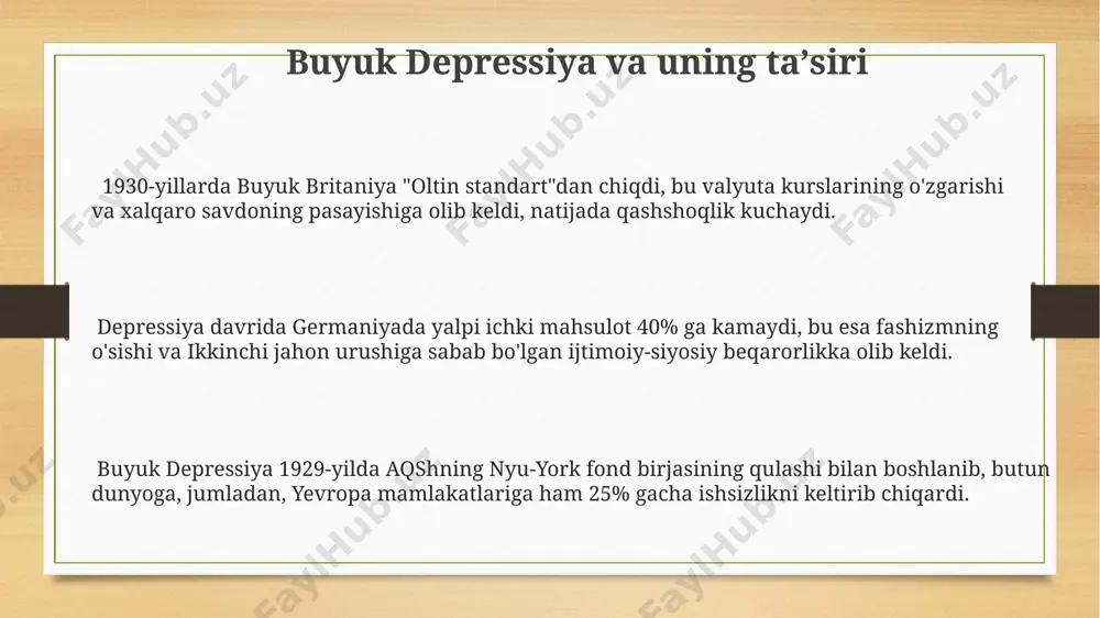 лавия каби. совет иттифоқи 1930-йилларда сталиннинг репрессиялари даврини бошидан кечирди, миллионлаб одамлар қатағон қилинди ва украинадаги голодомор каби оммавий очлик юз берди. германиянинг 1929 йилдаги буюк тушкунликдан кейинги иқтисодий инқироз, 6 млн. одамни ишсиз қолдириб, нацистлар партиясининг кучайишига ва 1933 йилда гитлернинг ҳокимиятга келишига сабаб бўлди. liga millatlarining samarasizligi italiya tomonidan 1935 yilda efiopiya bosqini ham millatlar ligasining kuchsizligini namoyish etdi. liga qo'llagan sanksiyalar samarali bo'lmadi va bu italiyaning agressiv siyosatiga to'sqinlik qila olmasligini ko'rsatdi. 1930-yillardagi buyuk depressiya millatlar ligasining iqtisodiy hamkorlikka yordam berishdagi harakatlarini zaiflashtirdi va a'zo davlatlar o'z milliy manfaatlarini himoya qilishga ko'proq e'tibor berishdi, natijada tashkilotning obro'si pasaydi. millatlar ligasi 1931-yilda yaponiyaning manchuriyani bosib olishiga qarshi hech qanday samarali choralar ko'ra olmadi, bu uning zaifligini va xalqaro huquqni himoya qilishdagi samarasizligini ko'rsatdi. aqshning siyosiy holati (1918-1939) aqsh 1920-yillarda iqtisodiy taraqqiyotni boshdan kechirdi, ammo bu davrda 1929-yilda buyuk depressiya boshlanib, mamlakat bo'ylab millionlab odamlar ishsiz qoldi va janubiy …