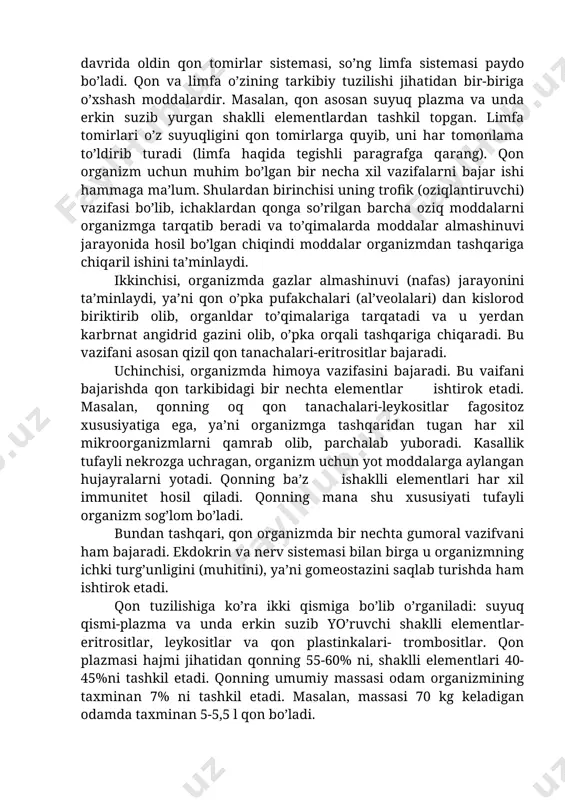eladi. bular jumlasiga qon va limfa, ularning tomirlari, shaklli elementlar hamda suyuqliklari kiradi. qon va limfaning boshqa biriktiruvchi to’qimalardan farqi organizmning ichki muhitini ta’minlashda ishtirok etishdir. embrion rivojlanish davrida oldin qon tomirlar sistemasi, so’ng limfa sistemasi paydo bo’ladi. qon va limfa o’zining tarkibiy tuzilishi jihatidan bir-biriga o’xshash moddalardir. masalan, qon asosan suyuq plazma va unda erkin suzib yurgan shaklli elementlardan tashkil topgan. limfa tomirlari o’z suyuqligini qon tomirlarga quyib, uni har tomonlama to’ldirib turadi (limfa haqida tegishli paragrafga qarang). qon organizm uchun muhim bo’lgan bir necha xil vazifalarni bajar ishi hammaga ma’lum. shulardan birinchisi uning trofik (oziqlantiruvchi) vazifasi bo’lib, ichaklardan qonga so’rilgan barcha oziq moddalarni organizmga tarqatib beradi va to’qimalarda moddalar almashinuvi jarayonida hosil bo’lgan chiqindi moddalar organizmdan tashqariga chiqaril ishini ta’minlaydi. ikkinchisi, organizmda gazlar almashinuvi (nafas) jarayonini ta’minlaydi, ya’ni qon o’pka pufakchalari (al’veolalari) dan kislorod biriktirib olib, organldar to’qimalariga tarqatadi va u yerdan karbrnat angidrid gazini olib, o’pka orqali …