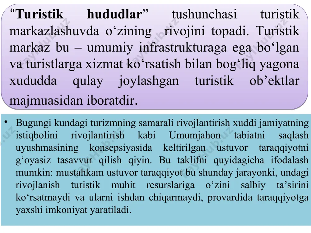 an. turistik industriyani rivojlantirish juda ko‘p moliyaviy mablag‘larni to‘plashni talab qiladi. ko‘p hollarda korxonaning ishga tushish bosqichida va qayta ta’mirlashlar, qurilishlar, investitsion portfellar shakllanishida juda ko‘p moliyaviy ishtirokchilar bo‘lishligi kuzatiladi. uchinchidan. qo‘yilgan kapitallarning o‘zini oqlashining yuqori ko‘rsatgichlariga erishish, raqobat talab, maqsadli turistik mahsulotni shakllantirish orqali erishilishi mumkin. bunda albatta rivojlangan yo‘ldosh infrastruktura va turistik xizmatlarni joriy qilish va joriy etish bosqichlarini ixtisoslashtirish mavjudligi nazarda tutiladi. bunday yondashuv turizmni rejalashtirishning yuqori integratsiyasini ta’minlaydi. xalqaro turizm industriyasini rivojlantirish tajribasi turizm muammolarini echishni quyidagi sabablarga ko‘ra xar bir davlatning ijtimoiy – iqtisodiy rivojlanishining umumiy yo‘nalishi negizida hal etish zarurligini ko‘rsatadi: turistik tizimlarni shakllantirish vazifalari ichida bugungi kunda mintaqa va hokimiyat darajada tarmoqlarni boshqarish masalasi muhim ahamiyat kasb etadi. bu boshqaruv usuli quyidagi masalalarni mustaqil holda yechishi lozim: real mavjud bo‘lgan imkoniyatlarni ishga solish; aholining aniq talab va so‘rovlarini hisobga olish. islohat qilish tajribasi mahalliy joyning barcha xususiyatlarini hisobga olmasdan turib davlat miqyosida iqtisodiy …