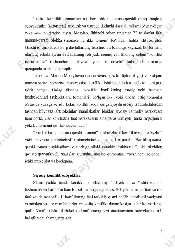 , xalq diplomatiyasi va xalqaro munosabatlar bo‘yicha mutaxassis) konflikt ishtirokchilariga nisbatan aniqroq ta’rif bergan. uning fikricha, “konflikt konfliktning asosiy yoki bevosita ishtirokchilari (subyektlari, tomonlari) bo‘lgan ikki yoki undan ortiq tomonlar o‘rtasida yuzaga keladi. lekin konflikt sodir etilgan joyda asosiy ishtirokchilardan tashqari bilvosita ishtirokchilar (mamlakatlar, bloklar, siyosiy va milliy harakatlar) ham borki, ular konfliktda faol harakatlarni amalga oshirmaydi, balki faqatgina u yoki bu tomonni qo‘llab-quvvatlaydi”. “konfliktning qarama-qarshi tomoni” tushunchasi konfliktning “subyekti” yoki “bevosita ishtirokchisi” tushunchalaridan ancha kengroqdir. har bir qarama- qarshi tomon quyidagilarni o‘z ichiga olishi mumkin: “aktyorlar”, ishtirokchilar, qo‘llab-quvvatlovchi shaxslar, guruhlar, mojaro qurbonlari, “beshinchi kolonna”, ichki muxolifat va boshqalar. siyosiy konflikt subyektlari shuni yodda tutish kerakki, konfliktning “subyekti” va “ishtirokchisi” tushunchalari har doim ham bir xil ma’noga ega emas. subyekt tabiatan faol va o‘z faoliyatida maqsadli. u konfliktning faol tarkibiy qismi bo‘lib, konfliktli vaziyatni yaratishga va o‘z manfaatlariga muvofiq konflikt dinamikasiga ta’sir ko‘rsatishga qodir. konflikt ishtirokchilari va konfliktning o‘zi shakllanishida …