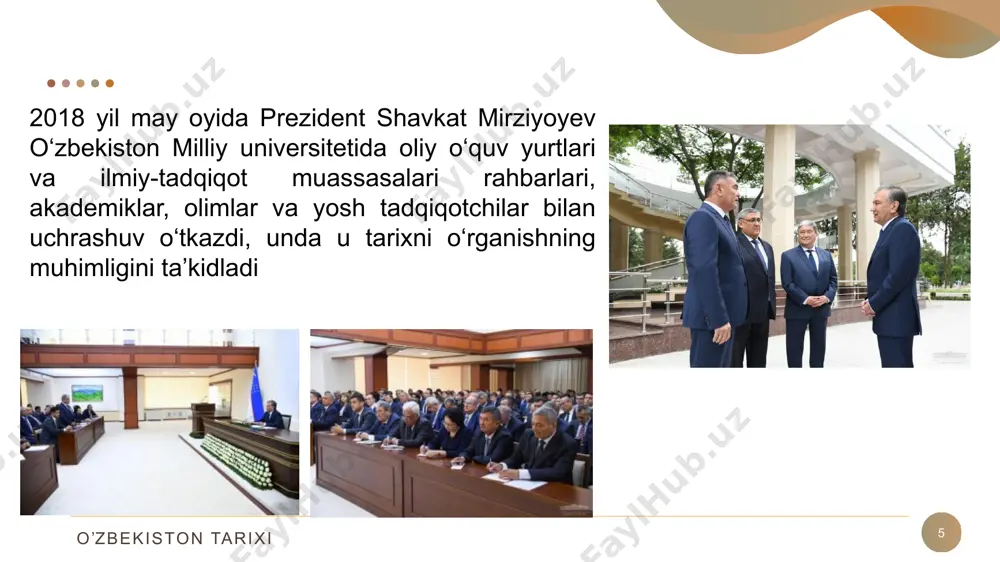 shi zarur, degan edi. aynan ushbu murojaatnomada xalqimiz tarixi, moddiy va ma’naviy madaniyatini keng jamoatchilikka etkazish hamda jahon miqyosida targ‘ib qilish maqsadida o‘zbekiston milliy teleradiokompaniyasi negizida “o‘zbekiston telekanali” ni tashkil qilish taklifini ilgari surgan edi. mazkur taklif asosida 2019 yil 1 sentyabrdan boshlab ushbu telekanal o‘z ish faoliyatini boshladi. o’zbekiston tarixi o‘zbekistonning eng yangi tarixi 20 2020 yilda oliy majlisga qilingan murojaatnomada prezident shavkat mirziyoev “bir haqiqatni hech qachon unutmaylik: biz buyuk tarix, buyuk davlat, buyuk madaniyat yaratgan xalqmiz. biz – hech qachon mehnatdan qochmaydigan, qiyinchilikdan qo‘rqmaydigan, adolatni qadrlaydigan, azmu shijoatli buyuk xalqmiz. barchamiz bir tanu bir jon bo‘lib, yakdil va ahil bo‘lib harakat qilsak, halol-pok bo‘lib, yaxshi niyat bilan mehnat qilsak, har qanday marralarni egallashga, boshqacha aytganda, tarixning yangi sahifasini yaratishga qodirmiz. bu yo‘lda qanday qiyinchilik va mashaqqatlar bo‘lmasin, barchasini mardona engib o‘tishga tayyormiz. bunday ezgu ishlarda bizga yaratganning o‘zi, buyuk ajdodlarimizning pok ruhlari madadkor bo‘ladi, deb ishonaman, deganligi …