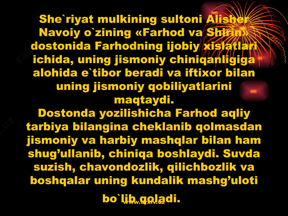 biyaviy ishlarda ham amalga oshiriladi. jismoniy madaniyat-sport ishlari yoki oddiy sport sho`balari, klublari, guruhli yoki ommaviy musobaqalar va hokazolarda namoyon bo`ladi. jismoniy tarbiya bo`yicha o`quvchilar bilan alohida tarzda ishlash natijasida a`zolari bo`shashib qolgan, jismoniy kamchiligi bor, darsdan ozod bolalarning sog’liklarini tiklash ishlari olib boriladi. ikkinchi ma`noda jismoniy qobiliyatli bolalarning qiziqish va intilishlarini hisobga olib ham alohida mashg’ulotlar yo`lga qo`yiladi. ayrim qobiliyatli bolalar, maktab va boshqa o`quv yurtlarida o`qish bilan birga ommaviy sport ishlarida ishtirok etib, yuksak natijalarni qo`lga kiritishlari mumkin. www.arxiv.uz www.arxiv.uz maktab va kasb-hunar kollejlarida, litseylarda jismoniy tarbiya darslari o`quvchilarning jinsiy farqlariga asoslangan holda, shuningdek, kasb turlariga qarab turli vazifalarni hal etish mumkinligini inkor etmaslik kerak. masalan, o`quvchi o`g’il bo`lsa unda erkaklik fazilatlari, kuchlilik, aniqlik harakatlarini maromiga sola bilish, dangasalikni bartaraf eta olish, jinsiy etuklik, yaroqlilik shakllantiriladi. qizlarda esa harakatlarida muloyimlik, aniqlik, qizlik latofati, qo`rqoqlikni bartaraf eta olish kabi sifatlar qaror toptiriladi. www.arxiv.uz www.arxiv.uz jismoniy tarbiya mazmunida «jismoniy mehnat», …