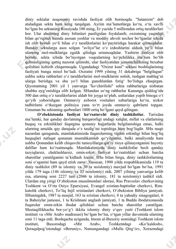 gan. liderlar an’anaviy diniy qadriyatlarga qarshi tashviqot ishlarini olib borganlar. diniy hayot maxsus ishlab chiqilgan tartib qoida va nizomlar orqali amalga oshirilgan. yadhlarning ba’zilari dunyoning turli burchaklarida o‘z bo‘linmalariga ega bo‘lgan, biznes bilan shug‘ullanuvchi yirik xalqaro korporatsiyalarga aylandi. yadhlar meditatsiya amaliyotini keng qo‘llaydilar, tashkiliy jihatdan piramida shaklida boshqariladi. yadhlarning aksariyati noqonuniy faoliyat yurituvchi, kriminal tashkilotlardir. (aum sinrikyo (tokio metrosi 10/5000 zah.), quyosh ehromi (fransiya va kanada.va b.). diniy ta’limotlarni buzib talqin qiluvchi harakatlarga: - protestantlarning “ikkilamchi” birlashmalari – iogov shohidlari, oxirgi kun avliyolari iso masih cherkovi (mormonlar), masih serkovi (boston harakati); - soxta xristian harakatlar – mun birlashtirish cherkovi, vissarion oxirgi ahdi cherkovi, oq birodarlar; - sayentalogik kultlar – xristian ilmi, ron xabbard sayentologiya markazi, kloneyd, oq ekologlar harakati; - neo- va kvaziorientalistik maktablar va kultlar – “tirik axloq”(agni yoga., krishnani anglash jamiyati, transsendental meditatsiya, aum-sinrekyo, saxadja- yoga va b.); - yangi majusiy tashkilot va kultlar – “runvira” ukrain milliy …