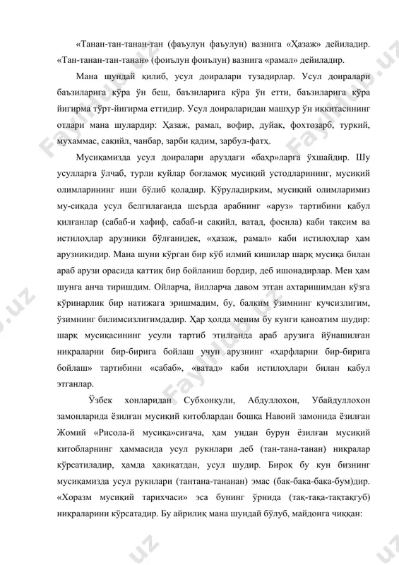 бакка-бум) рукнлари майдонға келган усулнинг бир ўрнида бир чертиш замони қадар тўхтамоқ лозим эса, уруш белгиси (ж) қўйғанлар. буни «ист» деб ўқуганлар, (бака бумж бум) шаклида ёзилған бир усулни (бака бум ист бака бум) деб ўқуйлар. баъзи эски мусиқий китобларда кўрганимиз «зарб-и асл» (туб чертиш) атамаси шул чирманда усулидан бошқа нарса бўлмаса керакдир. демак, бизнинг букунги «бум бак» усулимиз ҳакиқий усул бўлған «тан-танана» нинг қисқартирилиб, доира билан кўрсатилганидир. ўзининг ҳақиқий усулдан қулайлиғи, ҳам ҳофизлар, ашулачилар имизнинг кўбрак чолғусиз ўқушға мажбур бўлғанлари каби сабаблар билан бора-бора «бум-бак» усули умумийлашган, ҳақиқий усул бўлған (тантанана) бутунлай унутилиб қолған. ундан кейин торли чолғулар ҳам шунга эргаштирилган; куйларнинг нағмалари ҳам шунга кўра тартиб этилган. куйлар шунга кўра боғланған бу кун шашмақомнинг мушкилотларидан ё насрларидан бир куйни танбур билан чалғанимизда нагмалар ҳақиқий усул бўлган (тан-тананан) вазнида эмас, унинг қисқартирилғани бўлған (бум бак) вазнида эшитиладир. ўзбек мусиқасида бўлған «бум бак» (ёхуд хевада бўлғани каби «губ тақ») усулининг …
