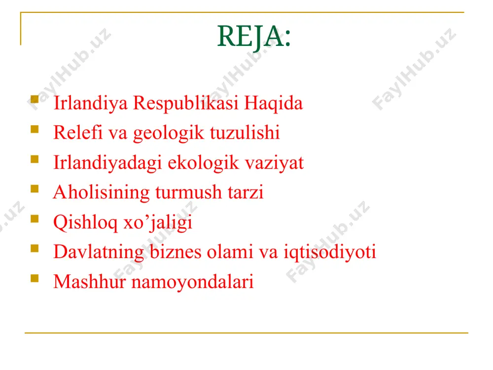 m) va platolar (eng kattasi shimoli-sharqda antrim) bor. ekologik vaziyati tarixan, irlandiyada hech qachon og'ir, ekologik xavfli sanoat bo'lmagan. mamlakatda mavjud bo'lgan ifloslanishning yagona manbai qishloq xo'jaligi chiqindilari bo'lib, bu mamlakatning bir qancha hududlarida kanalizatsiya va daryo suvlarining ifloslanishiga olib keladi. irlandiya fuqarolari o'zlarining tabiatini (va uning ekologik holatini) o'zlarining mulki deb bilishadi va insonning atrof-muhitning ekologik holatiga ta'sirini kamaytirish choralarini ko'radilar: chiqindilarni saralash va qayta ishlash, supermarketlarda bir marta ishlatiladigan qoplardan foydalanmaslik, ekologik toza bo'lmaganlarga yuqori soliqlar. avtomobillar va boshqalar. masalan, ko‘chaga chiqindi tashlaganlik uchun 5000 yevro jarima undiriladi. aholisi va etikasi irlandiya aholisi asosan keltlardan iborat. 2006 yilgi umumiy aholini ro'yxatga olish ma'lumotlariga ko'ra, u 4,24 mln. milliy ozchiliklar 420 ming, ya'ni 10 foizni tashkil qiladi. 275,8 ming nafari yevropa ittifoqi davlatlaridan kelgan muhojirlardir. aholining 58% ga yaqini shaharlarda istiqomat qiladi. irlandlar musiqa va raqsga bo'lgan muhabbatlari bilan butun dunyoga mashhur. chet eldan pop madaniyat ta'siriga qaramay, bu …