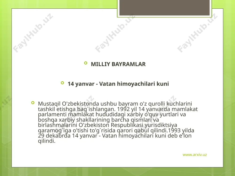 orda u umumxalq hotirasi va insonni qadralash kuni hamdir. xotira va qadrlash kuni chinakam milliy-umumhalq bayramidir, bu kunlari kishilar uzoq-yaqinda yashovchi yaqinlarini holidan habar oladilar, katta yoshlilarni ziyorat qiladilar va ularga alohida izzat ko’rsatiladi www.arxiv.uz 1 sentyabr - mustaqillik kuni o'zbekiston respublikasining asosiy milliy bayrami - mustaqillik kunidir. ushbu bayram 1 sentyabr kuni marosimli va rang barang shaklda nishonlanadi. milliy bayram do'stlik, xayriya va har tomonlama xurmatga tayangan o'zbek xalqining barcha orzularini nomoyon etadigan bayramdir. o'zbekistonda istiqomat qilayotgan turli millatlar vakillari millati, dini va irqidan qat'iy nazar o'zbekistonning barcha hududlarida faol nishonlaydilar. www.arxiv.uz www.arxiv.uz www.arxiv.uz www.arxiv.uz image2.jpeg image3.png image4.jpeg