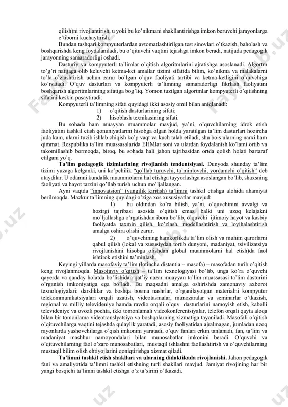 shlari va idrok etish faoliyatlarini rivojlantirish yo’li bilan ta’lim tashkil etiladi. uning texnologiyasi turli-tumanligi bilan ajralib turmaydi, chunki o’quvchilarni faol idrok etish faoliyatiga jalb etish bir necha bosqichlardan iborat bo’ladi. ular ketma-ket tartibda va kompleks amalga oshirilishi kerak. bunday o’qitishda muammoli vaziyatni yaratish muhim bosqich hisoblanadi. bunday vaziyatda fikrlash jarayonida qiyinchilik his etiladi. o’quv muammosi bir qadar qiyin, lekin o’quvchilarning kuchi yetadigan bo’lishi kerak. muammoni ilgari surish bilan birinchi bosqich yakunlanadi. muammoni hal etishning keyingi bosqichida o’quvchilar savol bo’yicha mavjud muammoni ko’rib chiqadilar, tahlil qiladilar, javob topish uchun ularning yetarli emasligini aniqlaydilar va yetishmayotgan axborotni topishga intiladilar. uchinchi bosqich muammoni yechish uchun zarur bo’lgan bilimlarni turli usullar bilan egallashga qaratilgan. u hayoliga birdan fikr kelishi bilan yakunlanadi (“men nima qilishni bilaman!”). shundan keyin muammoni hal etish, olingan natijalarni tekshirish, dastlabki gipoteza bilan solishtirish, olingan bilimlar, malakalarni tizimlashtirish va umumlashtirish bosqichlari keladi. muammoli topshiriqlar savollar, o’quv masalalari, amaliy vaziyatlardan iborat bo’lishi …