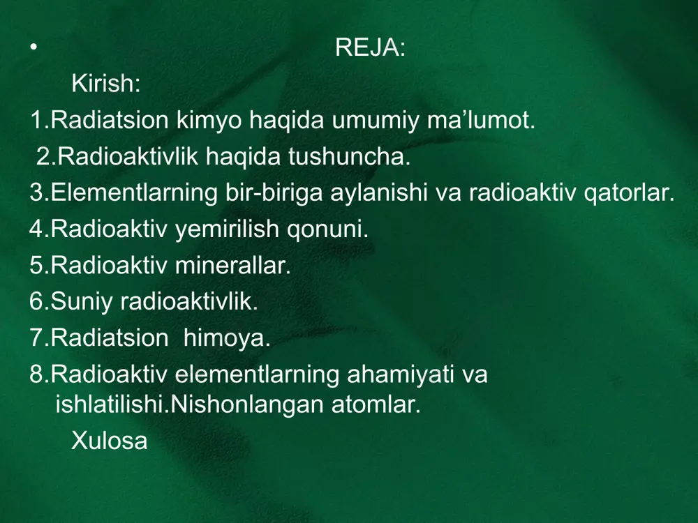 oaktiv elementlar kimyosi barqaror va uzoq, mavjud boʻluvchi izotoplari boʻlmagan elementlarni oʻrganadi. r. usullari asosida oʻrganiladigan elementlar texnetsiy, prometiy, astat, uran, toriy, poloniy, radon, fransiy, radiy, aktiniy, protaktiniy va transuran elementlar, shuningdek, vodorodsimon atomlar: myuoniy, pozitroniy va mezoatomlardan iborat. bu boʻlimga shartli ravishda yadro yoqilgʻisi texnologiyasini ham kiritish mumkin. amaliy r. nishonli birikmalar sintezini, radioaktiv izotoplarning fan va sanoatda (kimyo, fizika, geokimyo va b. tadqiqotlarda) qoʻllanishini oʻz ichiga oladi. radioaktiv elementlar radioaktiv elementlar - barcha izotoplari radioaktiv boʻlgan kimyoviy elementlar. tabiatda uchraydigan, tartib rakami 83 (vismut)dan katta boʻlgan barcha elementlar radioaktiv. ularni ketmaket yuz beradigan radioaktiv oʻzgarishlar zanjirlarining alohida halqalari sifatida tasavvur qilish mumkin. bir zanjir tarkibiga kiruvchi elementlar radioaktiv oila yoki radioaktiv qator hosil qiladi. tartib raqami 83 dan kichik boʻlgan r.e. ham bor. ular texnetsiy 43te va prometiy 61pm. davriy sistemada joylashgan urandan keyingi elementlar sunʼiy usulda olingan transuran elementlardir. tabiiy r.e.dan faqat uran (tartib raqami 92) va …