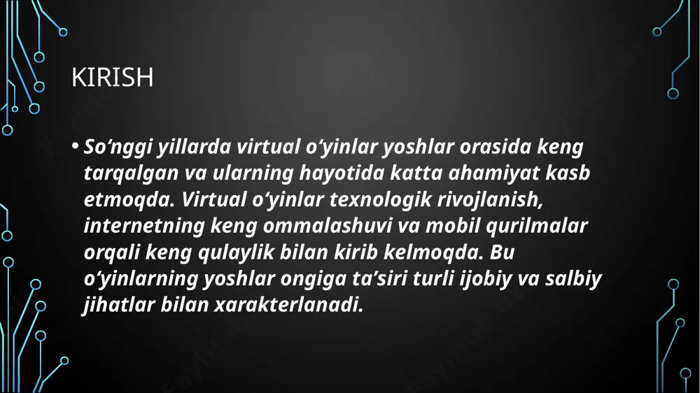 ish mashqlarini amalga oshirish kabi amaliyotlar tavsiya etiladi. xulosa. virtual o‘yinlar yoshlar hayotida muhim rol o‘ynaydi va ularning ongiga ham ijobiy, ham salbiy ta'sir ko‘rsatadi. mediasavodxonlik va o‘yin vaqtini muvozanatda ushlash orqali bu ta'sirlarni boshqarish mumkin. ta'lim muassasalari va ota-onalar yoshlarni ongli va mas'uliyatli o‘yin odatlariga o‘rgatishlari zarur. bu orqali yoshlar o‘yinlarning ijobiy tomonlaridan foydalangan holda, salbiy ta'sirlarini minimallashtiradilar. e’tiboringiz uchun tashakkur. image2.png image3.jpeg image4.jpeg image5.jpeg /docprops/thumbnail.jpeg