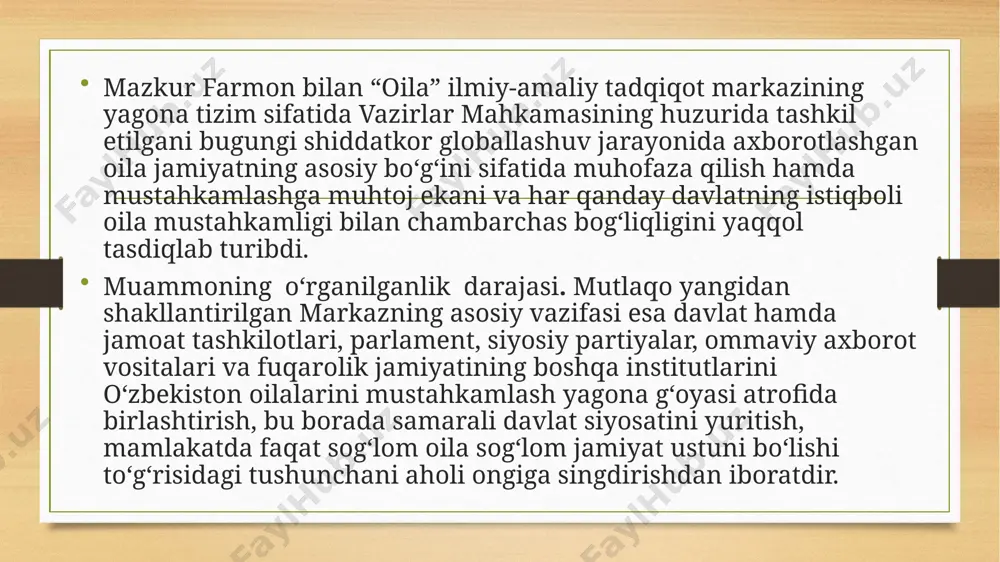 shli masala va muammolarni ilmiy usullarda, amaliy tadqiqot olib borish orqali tahliliy yondashgan holda hal etishdan iborat. birlashgan millatlar tashkiloti tomonidan 1948 yil 10 dekabrda qabul qilingan "inson huquqlari umumjahon deklaratsiyasi"ning 16-moddasida shunday deyiladi: "1.balog‘atga yetgan erkaklar va ayollar irqi, millati va diniga qarab biror bir cheklashsiz nikohdan o‘tish va oila qurish huquqiga egadirlar. ular nikohdan o‘tayotganda ham, nikohda bo‘lgan vaqtda ham va nikoh bekor qilinayotganida ham bir xil huquqlardan foydalanadilar. 2.nikoh, nikohdan o‘tayotgan ikkala tomonning xohishi va batamom roziligi bilangina tuzilishi mumkin. 3.oila jamiyatning tabiiy va asosiy xujayrasidir va u jamiyat, davlat tomonidan muhofaza etilish huquqiga egadir" o’zbekiston respublikasi oila kodeksining 1-bolimida mujasam topgan umumiy qoidalar ok ning boshqa bo’limlarida moddalarning mohiyatini va mazmunini belgilash, ularni talqin qilish va amaliyotda qo’llash, shuningdek, kelajakda oila qonuni hujjatlarini takomillashtirish uchun ham muhim ahamiyat kasb etadi. ushbu qoidalar avvalgi nikoh va oila kodeksidan ma’lum darajada farq qiladi. ular tegishli tizimga solinib, ikkita: …
