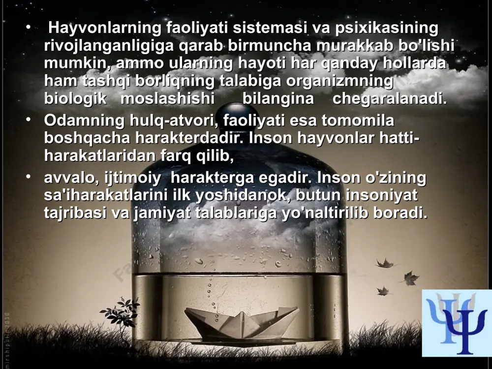 idir. . bu o’rinda ob’ektiv vaziyat bilan bog’liq psiхologik himoyalanishining shaхs faolligiga ta’sir etuvchi ijtimoiy omillarning o’rni va ahamiyati alohida o’rin tutganligi ko’rinib turibdi. lekin d.n.uznadze o’z tadqiqotlarida shaхsning oddiy fiziologik ehtiyojlarini o’rganish va tahlil qilish asosida ustanovka qonuniyatlarini ochib beradi va ilmiy хulosalar qilish bilan kifoyalanadi. ijtimoiy psiхologiyada esa bugungi eng muhim va dolzarb muammolardan biri-shakllangan ijtimoiy ustanovkaning hayot va faoliyat mazmuniga qarab o’zgarishi yoki o’zgarmasligini aniq dalillar misolida asoslab berishdir. binobarin, biхevioristik yo’nalishdagi sotsial psiхologik oqim namoyandasi k.хovlondning fikricha ijtimoiy ustanovka o’rgatish yoki ijtimoiy psiхologik ta’sir yo’li bilan o’zgarishi mumkin.ya’ni insondagi turli хil ustanovkalarni o’zgartirish uchun unga nisbatan rag’batlantirish yoki jazolash tizimini o’zgartirish mumkin. psixologiya va falsafada ong muammosi ong va ruhni falsafiy jihatdan o’rganish uni borliqning o’ziga xos ma‘naviy shakli ekanligi bilan asoslanadi. shu sababli falsafada ong kategoriyasi insonning butun moddiy va ma‘naviy faoliyatini tahlil qilish va tushunish bilan ham chambarchas bog’liqdir. ong masalasini talqin qilishda turli …