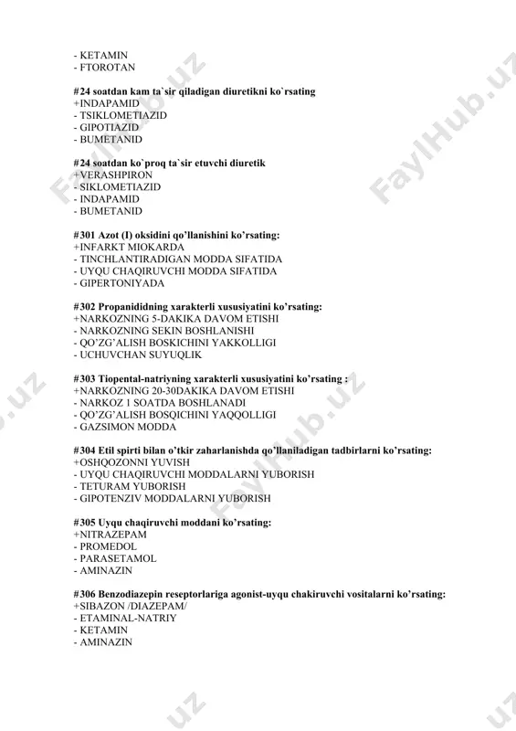 larni ko’rsating: + oshqozonni yuvish - uyqu chaqiruvchi moddalarni yuborish - teturam yuborish - gipotenziv moddalarni yuborish # 305 uyqu chaqiruvchi moddani ko’rsating: + nitrazepam - promedol - parasetamol - aminazin # 306 benzodiazepin reseptorlariga agonist-uyqu chakiruvchi vositalarni ko’rsating: + sibazon /diazepam/ - etaminal-natriy - ketamin - aminazin # 307 benzodiazepin reseptorlari agonisti-benzodiazepin bo’lmagan uyqu chakiruvchi vositalarni ko’rsating : + zopiklon - xloralgidrat - etaminal-natriy - fenobarbital # 308 uyqu chaqiruvchi benzodiazepin hosilasini ko’rsating: + nitrazepam - zolpidem - zopiklon - fenobarbital # 309 uyqu chaqiruvchi barbiturat kislota hosilasini ko’rsating : + fenobarbital - zolpidem - hloralgidrat - zopiklon # 310 xloralgidrat uchun xarakterli xususiyatini ko’rsating : + uyqu chaqirish xususiyati - ta’sirining 3-4 soat davom etishi - ichaklarda yomon so’rilishi - jigarda fermentlar sintezini susaytirishi # 311 uyqu chaqiruvchi vositalar bilan o’tkir zaharlanganda kuzatiladigan effektni ko’rsating: + koma - mns qo’zg’alishi - gipertoniya - reflektor aktivlikning oshishi # 312 …