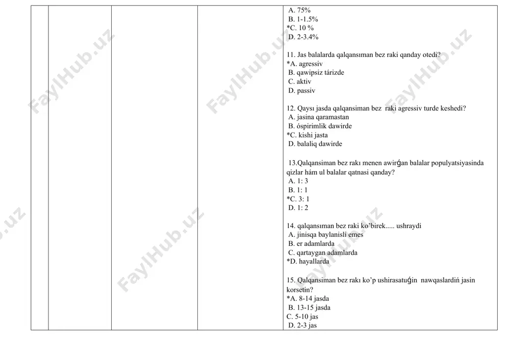 qaysi túri ishki bezli disseminatsiya menen xarakterlenedi? a. medullyar * b. papıllyar c. anaplastik d. mutsinoz 23. qalqansiman bez rakinda papillyar rak qaysi gruppaǵa kiredi? *a. joqarı dárejedegi differentsiatsiyalangan b. tomen dárejedegi differentsiatsiyalangan c. ortasha dárejedegi differentsiatsiyalangan d. tarqaq 24. qalqansiman bez raki ushin qaysi gistologik variant unamli dep esaplanadi? a. aniq rak *b. papıllyar karsinoma c. diffuz sklerozlaniw d. mutsinoz rak 25. qalqansiman bez raki ushın unamsiz gistologik variantlarin saylań : 1. papillyar karsinoma 2. diffuz sklerozlaniw varianti 3. aniq variant 4. tegis kletkali 5. mutsinoz a. 1. 2. 3. 4. 5 b. 2. 3 * c. 1. 2. 3 d. 3. 4 26. qaysı jasda qalqansiman bez raki ushin prognoz kobinese unamli boladi? *a. óspirimlik b. erte balaliq c. jasqa baylanisli emes d. jasliq 27. balalardagı qalqansiman bez rakinin follikulyar varianti neshe protsentti quraydi? a. 20% ge shekem b. 10% ge shekem *c. 5% ge shekem d. 35% …