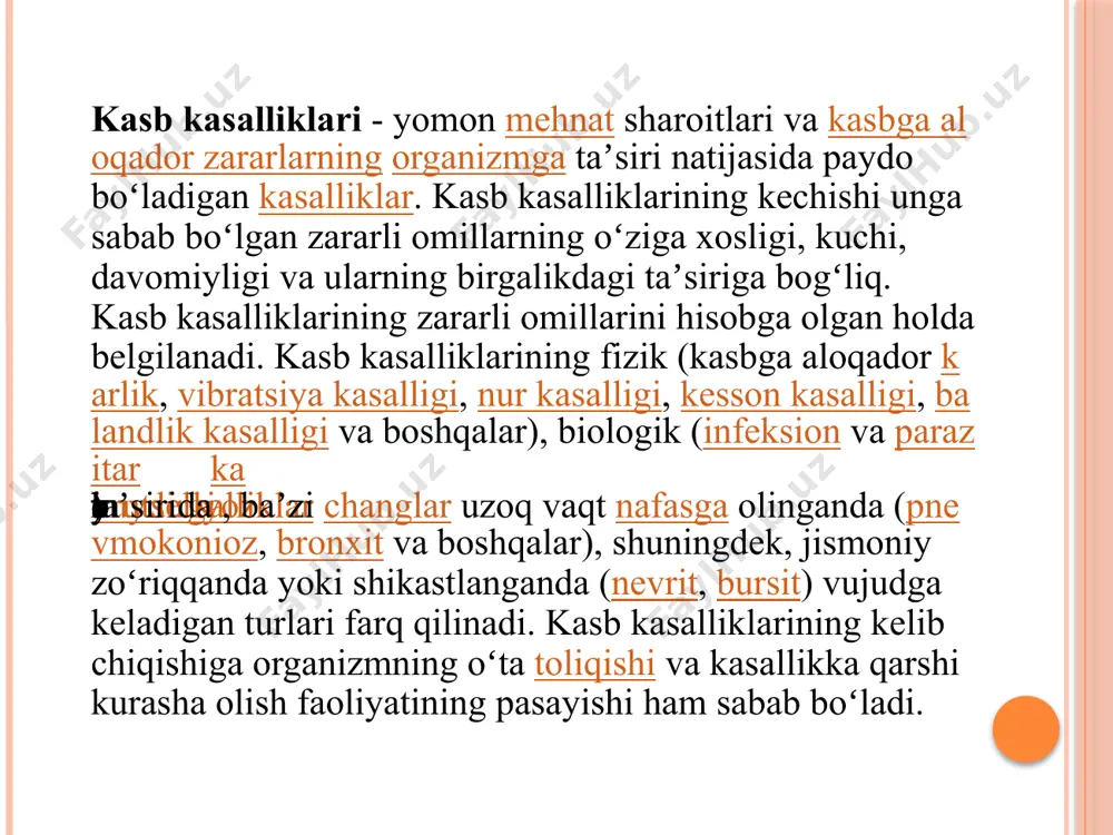 pnevmokonioz kasalligi bilan og‘rigan bemorlarda hamshiralik parvarishi kasb-kor kasalliklari ichida juda ko‘p tarqalgan va o‘rganilgani, har xil changlar bilan nafas olishiga bog‘liq bo‘lgan – chang natijasida kelib chiqadigan bronxitlar va pnevmokoniozlardir. changning hosil bo‘lishi sanoat va qishloq xo‘jaligining turli tarmoqlarida ishlab chiqarishiga bog‘liq. bularga tog‘-kon, ko‘mir ishlab chiqarish, metall, metallni qayta ishlash va mashinasozlik korxonalari, qurilish materiallarini (sement, ohak va b.), qishloq xo‘jalik mahsulotlarini qayta ishlash (don, paxta va b.) kiradi. pnevmokonioz – surunkali kasb-kor kasalligi bo‘lib, o‘pka to‘qimasida skleroz (qo‘shuvchi to‘qima yoki fibrinoz) jarayoni va o‘pka emfizemasi rivojlanishi bilan xarakterlanadi. shuning evaziga ko‘krak ichi limfalari kattalashadi. sabablari. o‘pka patologik holatining rivojlanishi, boshlanishi, ko‘rinishi, klinik belgilarining namoyon bo‘lishi, kasallikning kechishi quyidagi etiologik omillarga bog‘liq: changning xarakteriga, havoning changlash darajasiga; chang bilan ta’sirlanish (davomiylik) vaqtiga («changdan zo‘riqish»); changga nisbatan organizmga individual ta’sirchanligi (sezgirligi)ga; immun tizim holati va boshqalarga. ishlab chiqarish changlari xarakteriga asosan ularning fizikaviy xususiyatlari va kimyoviy tabiati juda xilma-xildir. …