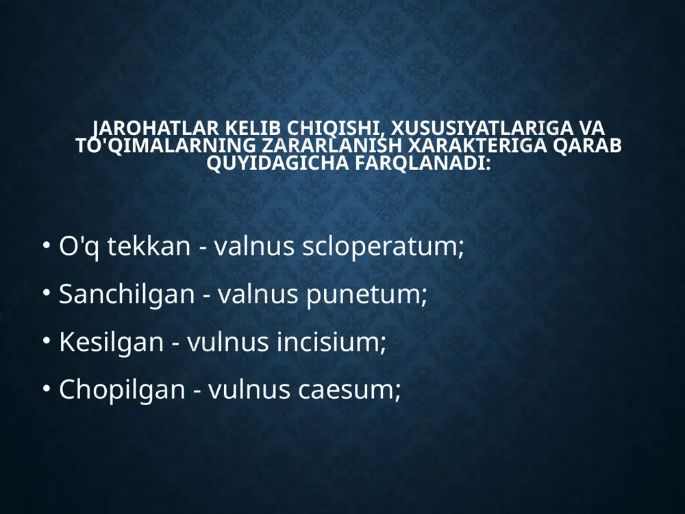 iya borligiga. 4. hayotiy a'zoiarning shikastlanishiga. jarohatlarning klinikasi mahalliy va umumiy simptomlar yig'indisidan iborat. jarohatdan kelib chiqishi mumkin bo'lgan oqibatlar prognozi quyidagilarga bog'liq bo'ladi: mahalliy belgilarga: og'riq, teri butunligining buzilishi, jarohat, uning ochilib turishi, qon ketish kabilar kiradi. umumiy belgilardan esa: o'tkir anemiya, shok, infeksiya farq qilinadi. bu belgilar har xil og'irlikda kechadi, ularga shikastlangan kishining umumiy ahvoli va organizmning reaktivligi asos hisoblanadi. mahalliy o'zgari'shlarga bevosita qon ketishi va og'riq kiradi. jarohatdan qon ketishi. to'qimalarga ta'sir etuvchi qurol qanchalik o'tkir bo'lsa, jarohatdan shunchalik ko'p qon ketadi. yirik arteriya qon tomirlari zararlanganda, parenximatoz organlar shikastlanganda juda ko'p qon oqishi kuzatiladi. jarohatlanganda hamma vaqt ham qon ketishi tashqi bo'lmasligi mumkin. zararlangan tomirdan qon to'qimalarga, bo'shliqlarga yig'ilib, tarqaluvchi gematomalarni hosil qilishi mumkin. jarohatda og'riq 1. zararlanish zonasidagi nerv reseptorlari va nerv tolalarining miqdori. 2. organizmning reaktivligi. 3. jarohatlovchi qurolning xarakleri va jarohatlanishning yuz berish tezligi. qurol qancha o'tkir bo'lsa, zararlanadigan hujayra va nerv …