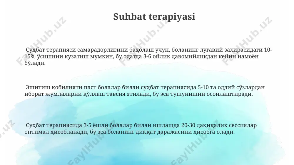 sturlari) bilan ta'minlash kerak. maktabgacha ta'lim muassasalari kam eshituvchi bolalarni qabul qilish uchun o'quv xonalarini maxsus akustik jihozlar bilan, masalan, shovqinni yutadigan materiallar va tovushni kuchaytiruvchi tizimlar bilan jihozlash bo'yicha tayyorgarlik ko'rishlari kerak. texnik vositalardan foydalanish interaktiv o'yin dasturlari (masalan, 2-5 yoshli bolalar uchun mo'ljallangan 10 ta turli o'yinlar) va onlayn resurslardan foydalanish bolaning tinglash va nutq ko'nikmalarini rivojlantirishga yordam beradi. ovoz kuchaytirgichlar (kuchaytirgich darajasi 30-40 db) va maxsus eshitish apparatlarining to'g'ri tanlanishi va muntazam tekshiruvi bolaning eshitish qobiliyatini optimallashtirishda muhim rol o'ynaydi. bolalarga moslashtirilgan 5-10 ta sodda iborali rasmli kartochkalar yordamida nutqni rivojlantirish va lug'at boyligini oshirish samarali natijalar beradi, bu esa auditoriyaviy ta'limning muhim tarkibiy qismidir. ota-onalar bilan ishlash ota-onalar bilan samarali hamkorlikni o'rnatish uchun oyiga kamida 2 marta uchrashuvlar o'tkazish va bolaning taraqqiyoti, qiyinchiliklari va muvaffaqiyatlari haqida batafsil ma'lumot almashish zarur. ota-onalarga bolaning rivojlanishi uchun moslashtirilgan 5-10 ta individual dastur taklif qilish va ularning bajarilishini muntazam ravishda …