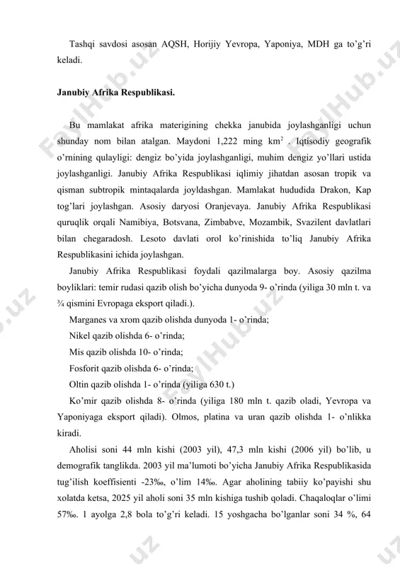 soni 34 %, 64 yoshdan o’tganlar 5% . o’rtacha umr 53-54. yamd butun afrika materigi bo’yicha o’rtacha 2120 $. janubiy afrika respublikasida eng yuqori 10910 $ tashkil etadi. 15 yoshdan 49 yoshgacha bo’lgan aholining 20 % i “vich” bilan zararlangan. bu ko’rsatkich afrika materigida 6,5 % ni, butun dunyoda esa 1,2 % ni tashkil etadi. botsvanada eng yuqori 39 %. aholdisining 4/5 qismini tub joy xalqlari (zumus, bantu, bur, kasa), 12 % ini oq tanlilar (ingliz, golland, fransuz), qolganini osiyodan ko’chib kelganlar va mulatlar tashkil etadi. aholi zichligi 1 km2 joyga 36 kishi. urbanizasiya darajasi 45 % . hayot darajasi o’rtacha. millioner shaharlari yo’q, lekin millioner aglomerasiyalari mavjud: yo’xannesburg, keyptaun, durban, pretoriya. davlat tili afrikans va ingliz. janubiy afrika respublikasi siyosiy-ma’muriy jihatdan 9 ta provinsiyadan tashkil topgan. federativ respublika. kap xududini dastlab 1662 yil gollandlar bosib olgan, xixasr boshida esa inglizlar bosib olgan. 1961-yildan boshlab janubiy afrika respublikasi mustaqil deb …