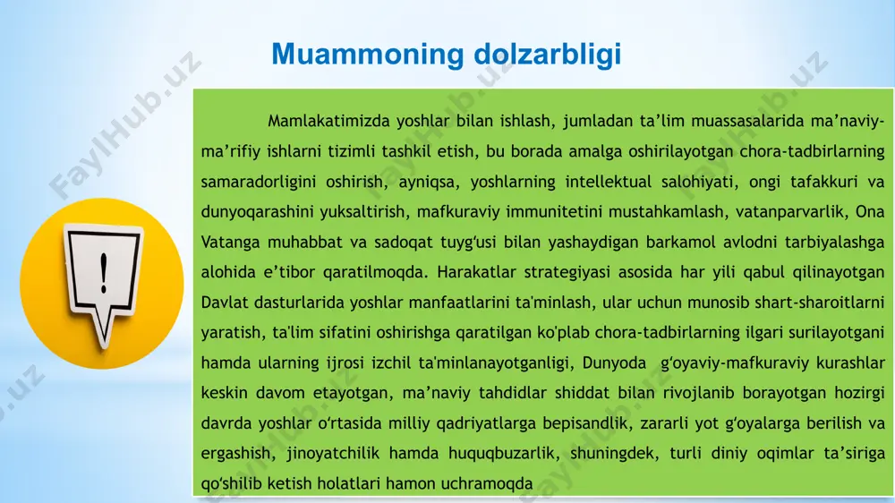 olat (aqsh) aksariyat amerikalik o'smirlar chet elga sayohat qilish va boshqa tillarni o'rganishga ishtiyoqlidir. uchdan ikki qismi (67%) xorijiy mamlakatlarga tashrif buyurishga "katta qiziqish" borligini, yana 21 foizi esa "bir oz qiziqish" borligini aytdi. aksariyat ko'pchilik chet tilini o'rganishni xohlashlarini aytishadi (baribir ko'plab o'smirlar o'rta maktabda buni qilishlari kerak) -- 54% katta qiziqish bildiradi va 26% biroz qiziqish bildiradi. amaldagi holat (xorijda) amerikada ta`limida maktablarda turli xil to’garaklar, uchrashuvlar, shoular va sayohatlar uyushtiriladi, ammo ularning hammasiga haq to’lash lozim. o’rta maktablar quyi va yuqori bosqichlardan iborat. taklif har bir ta’lim muassassida tugaraklar faoliyatini yo‘lga qo‘yish va samarali tashkil etishda o‘quv jarayonlarini bir navbatliligiga erishish. taklif maktab moddiy-texnik bazalalarini xorijiy mamlakatlar raqobatdoshligiga erishish. 8 g‘oyani taklifni amalga oshirish yo’llari ta’lim muassasalarida axborot texnologiyalaridan samarali foydalanishni tashkil qilish borasida – “bir million dasturchi”, “dasturlashga birinchi qadam” loyihalarini amalga oshirishi ma’naviyat va kitobxonlikni targʻib qilish borasida – “zakovat” musobaqasi, “quvnoqlar va zukkolar”, “zukko …