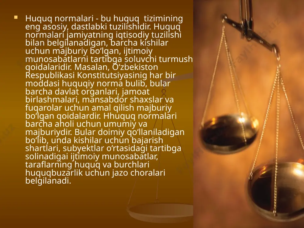 ir. huquq normalari tabiiy huquq va pozitiv xuquqlardan iborat. tabiiy huquq insonga tabiat tomonidan beriladi. masalan, insonning yashash erkinlik va shaxsiy daxilsizlik huquqlari. pozitiv huquq pozitiv huquq esa davlat tomonidan qabul qilinadi. huquq normasi bu alohida olingan turmush qoidasidir. masalan, o`zrsida huquqning asosini o`zrning konstitutsiyasi tashkil etadi. konstitutsiyaning har bir alohida olingan huquqiy normadir. normalarning belgilari quyidagilardan iborat: 1) normalari davlat tomonidan o`rnatiladi va barcha xalqlarning qonuniy irodasini ifodalaydi; 2) uning mazmuni jamiyatning iqtisodiy tuzilishi bilan belgilanadi; 3) ularning bajarilishi barcha kishilar uchun umummajburiydir; 4) davlatning zo`rlik kuchi bilan amalga oshiriladi; 5) kishilar o`rtasida turli ijtimoiy munosabatlarni tartibbga soladi; 6) fuqarolarga huquq va burch belgilaydi; huquqiy normaning tuzilishi 3— qismdan: gipoteza, dispozitsiya sanksiyadan iboratdir. gipoteza (grekcha-faraz qilishdir) huquqiy normaning birinchi qismi bo`lib, u qo`llaniladigan shart— sharoit vaqtni bildirad. gipotezaning ikki turi mavjud bo`lib, aniqlangan gipoteza va to`la aniqlanmagan gipotezadir. aniqlangan gipoteza — huquqiy normada ko`rsatilgan huquq va majburiyatlarning paydo bo`lishi, …