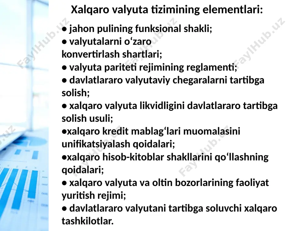 htirish jarayonida hech qanday cheklovlar mavjud bo‘lmagan valyuta. bu kabi valyutalarga egalik qiluvchi davlatlar ushbu valyutalar bilan amaliyotlarni bajarishga hech qanday to‘siqlar qo‘ymaydi. bunday valyutalarga aqsh dollari, yevro, shveysariya franki, britaniya funti, yaponiya yenasi va boshqalar kiradi. konvertatsiya bo‘lmaydigan valyuta mamlakat hukumati tomonidan valyutalarni sotish va sotib olishga yoki boshqa operatsiyalarni amalga oshirishga cheklovlar o‘rnatilgan bo‘ladi. bu shimoliy koreya voni va kuba pesolaridir. bunday pullar muomalasiga faqat mamlakat ichida ruxsat etiladi. qisman konvertatsiya bo‘ladigan valyuta bular emitent mamlakatdan tashqarida muomalasi cheklangan milliy banknotalardir. masalan, o‘zbekistonda so‘m qonuniy to‘lov vositasi hisoblanadi. mamlakat tashqarisida esa so‘mni ayirboshlash bo‘yicha cheklovlar mavjud bo‘lib, faqat ayrim xorijiy valyutalarga ayirboshlanishi mumkin. kotirovka bu xorijiy valyutaning milliy valyutadagi narxi. bir valyuta birligining boshqasiga nisbatan kursi bevosita aniqlanmagan taqdirda, talab va taklifga muvofiq birjada kotirovka kross-kurs orqali aniqlanadi. kross-kurs bu ikki valyuta qiymatining o‘zaro nisbati bo‘lib, ularning uchinchi valyutaga nisbatan kurslari orqali aniqlanadi. amalda, kross-kursni hisoblash quyidagicha bo‘ladi. …