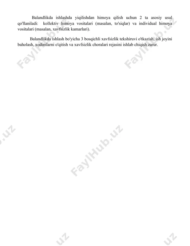 hi tizimlardan foydalanish majburiy hisoblanadi. balandlikda ishlashda yiqilishdan himoya qilish uchun 2 ta asosiy usul qo'llaniladi: kollektiv himoya vositalari (masalan, to'siqlar) va individual himoya vositalari (masalan, xavfsizlik kamarlari). balandlikda ishlash bo'yicha 3 bosqichli xavfsizlik tekshiruvi o'tkazish, ish joyini baholash, xodimlarni o'qitish va xavfsizlik choralari rejasini ishlab chiqish zarur. 📌xulosa kasb salomatligi va xavfsizligi lug'ati, ish joyidagi xavf-xatarlarni aniqlash va ularning oldini olish bo'yicha muhim terminlarni tushunish imkonini beradi, bu esa xavfsizlik madaniyatini rivojlantirishga yordam beradi va ishchilarning sog'lig'ini himoya qiladi. 📚foydalanilgan adabiyotlar 1. jahon sog'liqni saqlash tashkiloti (jsst) nashrlari. kasbiy xavfsizlik va sog'liqni saqlash bo'yicha qo'llanmalar. 2. xalqaro mehnat tashkiloti (xmt) nashrlari. kasbiy xavfsizlik va sog'liqni saqlash bo'yicha standartlar va tavsiyalar. 3