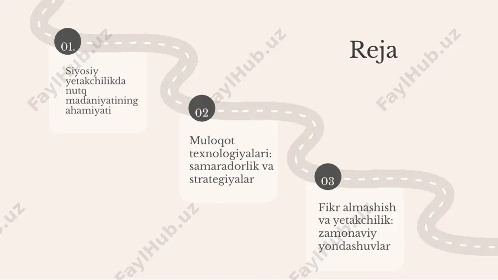 nday qabul qilishini va qanday qilib o'z fikrlarini boshqalarga yetkazishini shakllantiradi. muloqot esa, liderning xalq bilan aloqasini kuchaytiradi va ishonchni oshiradi. o'zbekistonning madaniy xususiyatlari o'zbekistonning siyosiy liderlari, o'z xalqining madaniy an'analari va urf-odatlarini hisobga olib, muloqot qiladi. masalan, o'zbek xalqining mehmondo'stligi va an'anaviy qadriyatlari, siyosiy liderlarning o'z saylovchilariga yaqinlashishida muhim rol o'ynaydi. 01. 02. 03. nutq madaniyatini rivojlantirish strategiyalari ta'lim va tarbiya nutq madaniyatini rivojlantirishda muhim ahamiyatga ega. o'zbekistonning tarbiyaviy tizimi, yosh avlodni muomala madaniyati va ahloqiy qadriyatlarni shakllantirishga qaratilgan. bu jarayon orqali yoshlarimizda o'ziga xos nuq madaniyati rivojlanadi va ular jamiyatda faol ishtirok etishlari uchun zarur bilim va ko'nikmalarni egallaydilar. muloqot texnologiyalarining qo'llanilishi nutq madaniyatini rivojlantirishda muhim rol o'ynaydi. zamonaviy texnologiyalar yordamida, jamoatchilik bilan samarali muloqot o'rnatish va nutq madaniyatini targ'ib qilish mumkin. shuningdek, jamoatchilik bilan aloqalar nuq madaniyatining ommalashuvi va rivojlanishida muhim ahamiyat kasb etadi. muloqot texnologiyalari: asosiy tushunchalar muloqot texnologiyalari - bu ma'lumotlarni uzatish va qabul qilish …
