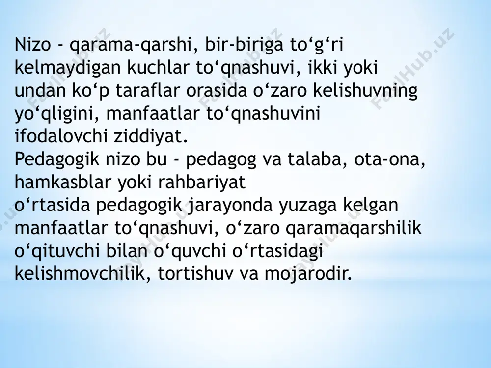 tlarni, to‘qnashuv, qarama-qarshilik mojorolarni pedagoglar va o‘quvchilar o‘rtasida yuzaga kelmasligi uchun o‘qituvchi ziddiyatlarini olidini ola bilishi lozimdir. zamonaviy tarzda biz nizolarni boshqarishimiz ziddiyatlarni munosabatlarini to‘g‘ri echimini topishimiz kerak. islom karimov aytganidek: “ilm” ma’rifat biz uchun bugun ham o‘z ahamiyatini yo‘qotgani yo‘q, yo‘qolmaydi ham. aql zakovatli yuksak ma’naviyatli kishilarni tarbiyalay olsakkina, oldimizga qo‘ygan maqsadlarimizga erisha olamiz. pedagogik nizolarni hal etishda bir qator yo‘l tutiladi. ular orasida eng samarali yo‘llar quyidagilar sanaladi: 1. nizoning ta’sir doirasini kengaytirmaslik. 2. qulay echimlarni taklif qilish. 3. man etilgan usullarni qo‘llamaslik, shakllardan foydalanmaslik. 4. shikoyatlar sonini qisqartirish. 5. ikkinchi darajali masalalarni ham uzviy ravishda hal qilib borish. 6. nizoga kirishgan sub’ektlarshaxsini kamsitadigan so‘zlardan foydalanmaslik. pedagogik nizolarni hal etishda bir qator usullar ham qo‘llaniladi. ular orasida eng samarali usullar quyidagilar sanaladi: pedagogik jarayondagi muhim hodisalardan biri nizo bo‘lib, ular yuzaga kelgan vaziyatlarda ijtimoiy munosabatlardagi yakkahokimlikka yo‘l qo‘yib bo‘lmaydi. odatda pedagogik nizolar ikki usul: 1) pedagogik usul; 2) …