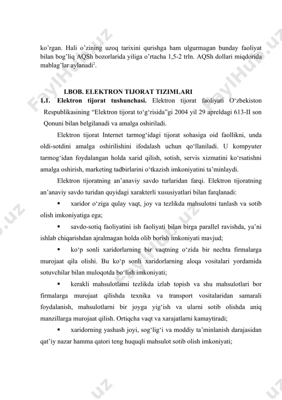 sh imkoniyatiga ega; · savdo-sotiq faoliyatini ish faoliyati bilan birga parallel ravishda, ya’ni ishlab chiqarishdan ajralmagan holda olib borish imkoniyati mavjud; · ko‘p sonli xaridorlarning bir vaqtning o‘zida bir nechta firmalarga murojaat qila olishi. bu ko‘p sonli xaridorlarning aloqa vositalari yordamida sotuvchilar bilan muloqotda bo‘lish imkoniyati; · kerakli mahsulotlarni tezlikda izlab topish va shu mahsulotlari bor firmalarga murojaat qilishda texnika va transport vositalaridan samarali foydalanish, mahsulotlarni bir joyga yig‘ish va ularni sotib olishda aniq manzillarga murojaat qilish. ortiqcha vaqt va xarajatlarni kamaytiradi; · xaridorning yashash joyi, sog‘lig‘i va moddiy ta’minlanish darajasidan qat’iy nazar hamma qatori teng huquqli mahsulot sotib olish imkoniyati; · hozirgi kunda chiqqan jahon standartlariga javob beradigan mahsulotlarni tanlash va sotish imkoniyati; · · elektron tijorat sotuvchining mahsulotlarini (ish, xizmatlarini) sotish jarayonidagi imkoniyatini yanada kengaytiradi va yangilaydi. endi sotuvchi mahsulotlarini sotish jarayonini tezlashtirishi, yangi va sifatli mahsulotlarni muntazam almashtirishi, mahsulotlarning aylanma xarakatini tezlashtirishi kerak bo‘ladi; elektron tijoratda savdoni …