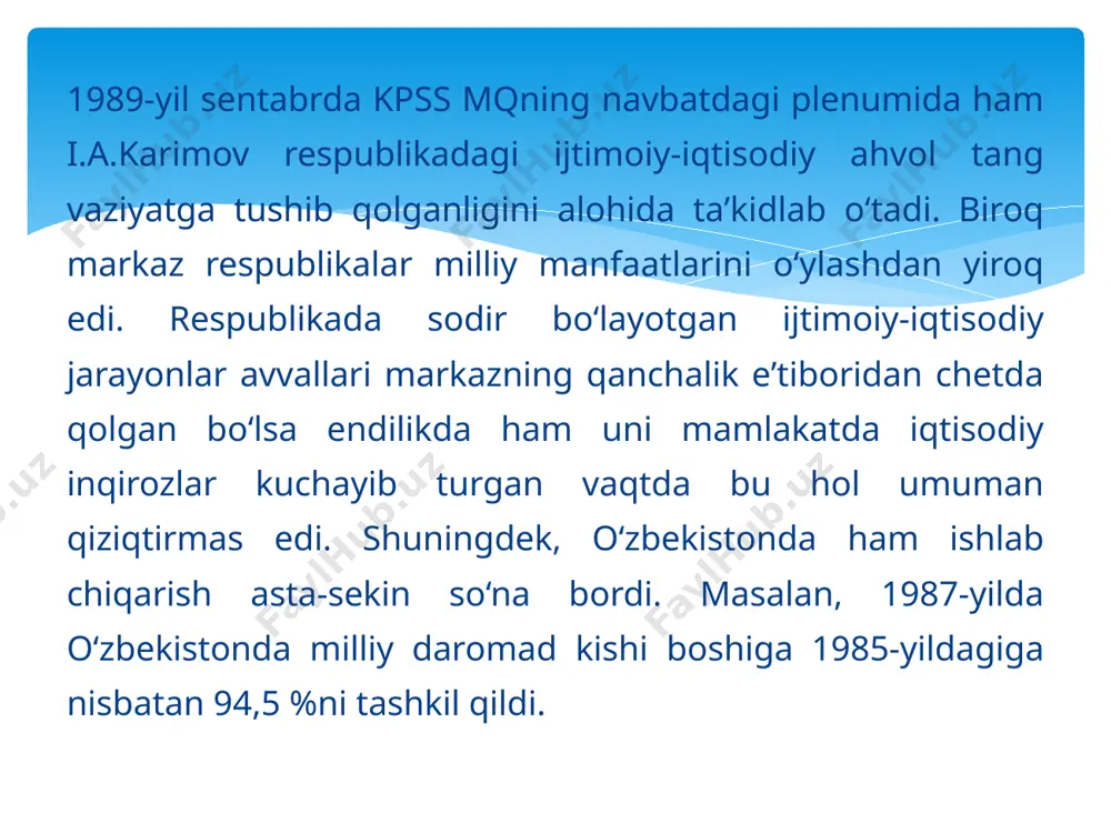 siyosat ishlab chiqib, uni hayotga tatbiq etdi. uchinchidan, xalqimizning o‘ziga xos xususiyatlari hamda ilg‘or jahon tajribalarini umumlashtirish asosida yangi iqtisodiy islohotlar modelini ishlab chiqdi. bu rivojlanish yo‘li dunyoda “o‘zbek modeli” deb tan olindi. to‘rtinchidan, o‘zbekiston davlatining hududiy yaxlitligini, sarhadlarimiz daxlsizligini himoya qilishga qodir qurolli kuchlar, chegara va ichki qo‘shinlarni oliy bosh qo‘mondoni va davlat rahbari sifatida tubdan isloh etdi va unga boshchilik qilmoqda. beshinchidan, o‘tgan yillar mobaynida i.karimov kpssmarkaziy komiteti boshchiligidagi kuchlar o‘zbekistonda adolatsizlik va tazyiqlarni avj oldirgan davrda o‘zbek nomini nohaq kamsitishlardan, tahqirlardan himoya qilish va xalqimizning milliy g‘ururini tiklashda fidoyilik namunasini ko‘rsatdi, o‘zbek nomini dunyoga tanitdi. mustaqil o‘zbekiston davlatining yuzaga kelishi va mustahkamlanishida islom abdug‘anievich karimovning tarixiy xizmatlari. oltinchidan, xalqimiz ma’naviy qadryatlariga hurmat va ehtirom bilan munosabatda bo‘lish, ularni asrab-avaylash va rivojlantirish, muqaddas dinimizni, urf-odatlarimizni, bebaho tarixiy merosimizni, hayotga qaytarishni davlat siyosati darajasiga ko‘tardi va odamlar ongida milliy g‘oya, milliy mafkura asoslarini shakllantirish va mustahkamlash ishiga rahnamolik qildi. …