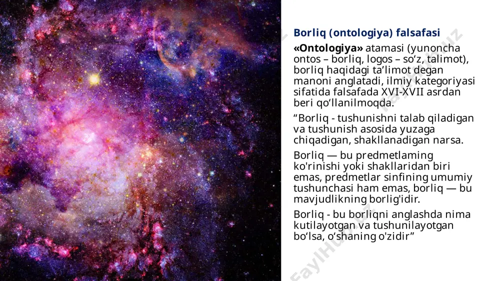 organizmlarning hamjamiyatlari ham kiradi) makrodunyo materiyaning uch tarkibiy darajasi 11 notirik tabiat ijtimoiy ko‘rinish tirik tabiat ijtimoiy ko‘rinishda (odamlar – jamiyat a’zolari) 03 tirik tabiat ko‘rinishida (tirik organizmlar, jonli xujayralar, viruslar, bakteriyalar, o‘simliklar, qushlar, hayvonlar); 02 notirik tabiat ko‘rinishida (jonsiz jismlar, minerallar, moddalar); 01 materiya ko‘rinishlari makon, vaqt, harakat materiya mavjudligining asosiy shakllari dunyo muqarrar tarzda faqat makon va vaqtda mavjud materiya kabi, mustaqil holda mavjud bo‘la olmaydi materiya mavjudligining atributlari makon makon narsalarning ko‘lamini, o‘zaro joylashish tartibini, uzlukli yoki uzluksizligini ifodalaydi vaqt vaqt hodisalarning ketma-ketligi, jarayonlarning davomiyligini ifodalaydi hozirgi zamon falsafasida “harakat” tushunchasi “keng” maʼnoda umuman har qanday oʻzgarish haqidagi tasavvur sifatida talqin qilinadi. harakatni umuman oʻzgarish sifatida tushunish harakat turlarining butun rang-barangligini uning muayyan bir turiga bogʻlash toʻgʻri emasligi haqida ogohlantiradi va harakat shakllarining umumiy xususiyati va bir-biriga aylanish qobiliyatiga ishora qiladi. “umuman oʻzgarish” deganda, bizning ular haqidagi fikr-mulohazalarimizdan qatʼiy nazar, obyektiv mavjud boʻlgan barcha oʻzgarishlar, turli jarayonlar …