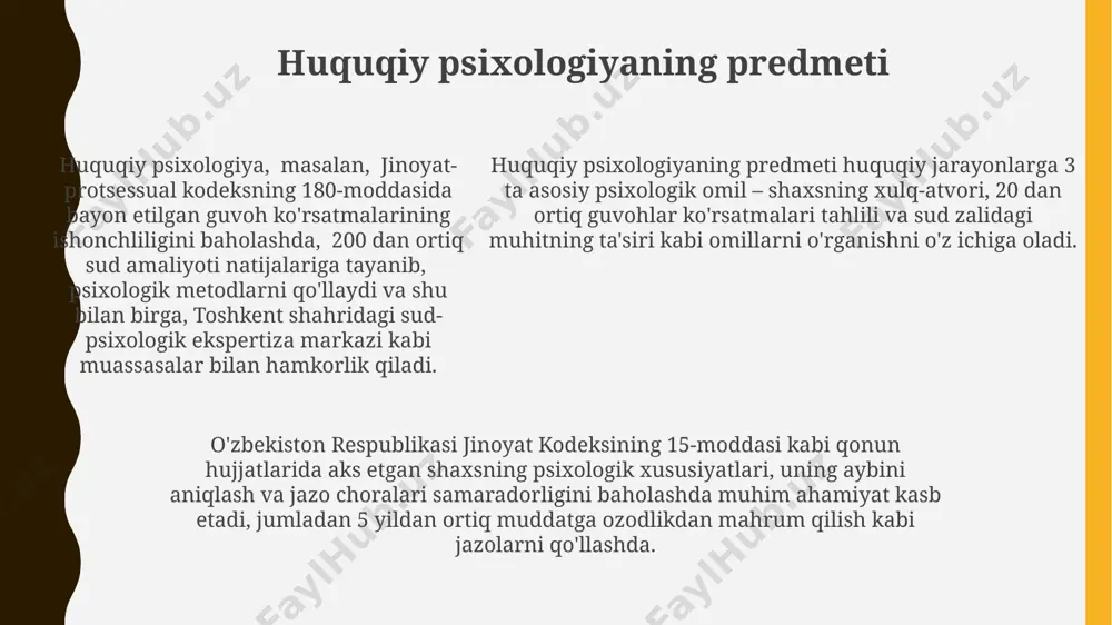 larni yaqqol namoyish etadi. huquqiy psixologiyaning umumiy vazifalari huquqiy psixologiyaning asosiy vazifalaridan biri, jinoyatchilikning 3 ta asosiy sababini aniqlash va oldini olish boʻyicha 10 yillik tadqiqotlar natijalarini samarqand viloyati misolida tahlil qilishdir. huquqiy psixologiyaning muhim vazifasi, qamoqxonalarda 200 dan ortiq mahbuslar bilan oʻtkazilgan psixologik testlar natijalariga asoslanib, reabilitatsiya dasturlarini 5 yil muddatga takomillashtirish va andijon viloyatidagi amaliyotga tatbiq etishdir. huquqiy psixologiya, sud jarayonlarida guvohlar koʻrsatmalarining ishonchlilik darajasini 5 ball shkalasi boʻyicha baholaydigan, psixofiziologik usullarni qoʻllagan holda toshkent shahrida oʻtkazilgan eksperimentlar natijalarini umumlashtirishga qaratilgan. huquqbuzarlikning oldini olishning psixologik asoslari huquqbuzarlikning oldini olishda oilaviy munosabatlarning ahamiyati katta bo'lib, 70% gacha bo'lgan huquqbuzarliklar oiladagi salbiy munosabatlar bilan bog'liq, toshkent shahrida o'tkazilgan tadqiqotlar shuni ko'rsatmoqda. psixologik testlar va intervyular yordamida shaxsning agressivlik darajasini aniqlash va 5 balldan yuqori ko'rsatkichlarga ega shaxslarga individual profilaktika choralarini qo'llash farg'ona vodiysida muvaffaqiyatli qo'llanilmoqda. jinoyatchilikning oldini olishda 20-30 yosh oralig'idagi yoshlar guruhiga qaratilgan psixologik profilaktika dasturlari samarqand viloyatida 15% …