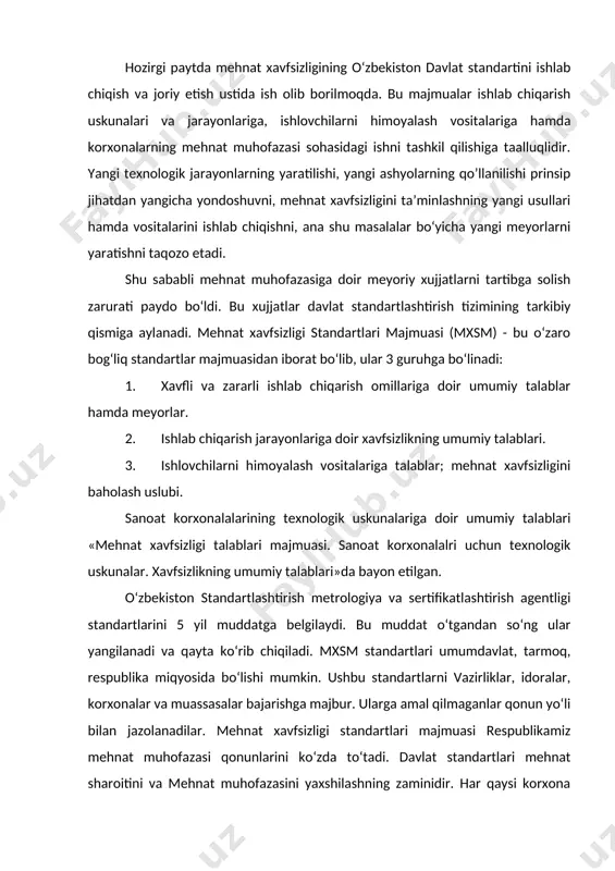 orxonalalarida ishlab chiqarish jarayonida issiqlik, namlik, chang ajralib chiqadi va zararli omillardan hisoblanadi. mehnat xavfsizligi standartlari tizimi (mxss) mehnat muhofazasining normativ-texnik hujjatlarining asosini tashkil etadi, ushbu standartlarning quyidagi turlari qabо‘l qilingan: gosudarstvo (ost)-ya’ni davlat; ost-(otrasleviye) ya’ni soha standartlari; rst-respublika standartlari; stp-tashkilot standarti; bundan tashqari qurilish normalari va qoidalari (sn i p), sanitariya normalari (sn); mexaniqa xavfsizligi qoidalari, ishlab chiqarish sanitariyasi qoidalari va boshqa shunga о‘xshash texnik kо‘rsatmalarni о‘z ichiga oladi. mehnat xavfsizligi standartlari tizimi (mxss) mehnat xavfsizligini ta’minlashga qaratilgan о‘zaro bog‘liq bо‘lgan standartlar kompleksidan tashkil topgan. standartlashtirishning asosiy vazifasi gost 1.0-68 davlat standartlari tizimiga kо‘ra mehnat xavfsizligi talablarining bajarilishi va ishlab chiqarish effekti, texnik taraqqiyotning о‘sishini ta’minlashdan iboratdir. mehnat xavfsizligi standartlari mehnat xavfsizligi sohasidagi normativ-texnik hujjatlarni tartibga keltirish maqsadida yaratilgandir. uning asosiy vazifalari xavfli va zararli omillar, ishlab chiqarish qurilmalari va ishlab chiqarish jarayonlarining umumiy talab va normalarini belgilashdan iborat. mehnat xavfsizligi standartlari tizimi 9 ta (0 dan 9 gacha) …
