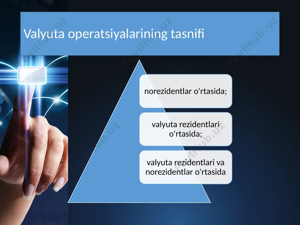 torlari ishlab chiqildi. ushbu indikatorlar bozor ishtirokchilari uchun pul resurslarining narxini belgilashda asos boʼlib xizmat qilishi mumkin. uzonia va uzwia stavkalari 2021 yilning 18 yanvaridan boshlab kunlik tartibda eʼlon qilib boriladi. “uzonia” (uzbek overnight index average) – foiz ko‘rsatkichi bo‘lib, ta’minlanmagan banklararo pul bozorida tijorat banklari o‘rtasida milliy valyutada overnayt shartlarda amalga oshirilgan depozit operatsiyalari bo‘yicha o‘rtacha tortilgan foiz stavkasi ko‘rinishida hisoblanadi; “uzonia” indeksi – 1 so‘mlik birlik uchun dastlabki kundan boshlab har bir kunlik “uzonia” stavkalarini kapitalizatsiya qilish orqali hisoblangan ko‘rsatkich; muddatli “uzonia” – foiz ko‘rsatkichi bo‘lib, pul mablag‘larining ma’lum muddat uchun “uzonia” foiz stavkasi bo‘yicha daromadliligini o‘zida ifoda etadi; valuta kurslari o‘zgarishining erkinlik darajasiga ko‘ra valuta kurslari: qat’iy belgilangan chegaralangan egiluvchan suzuvchi valuta kurslariga bo‘linadi qatiy belgilangan valyuta kursida milliy valyutalar o’rtasidagi rasman o’rnatilgan nisbataing vaqtinchalik 2,25 foizdan oshmagan miqdorda tebraniishga ruxsat beriladi. chegaralangan egiluvchan valyuta kursida milliy valyutalar o’rtasidagi rasman o’rnatilgan nisbataing belgilangan qoidaga muvofiq katta bo’lmagan …