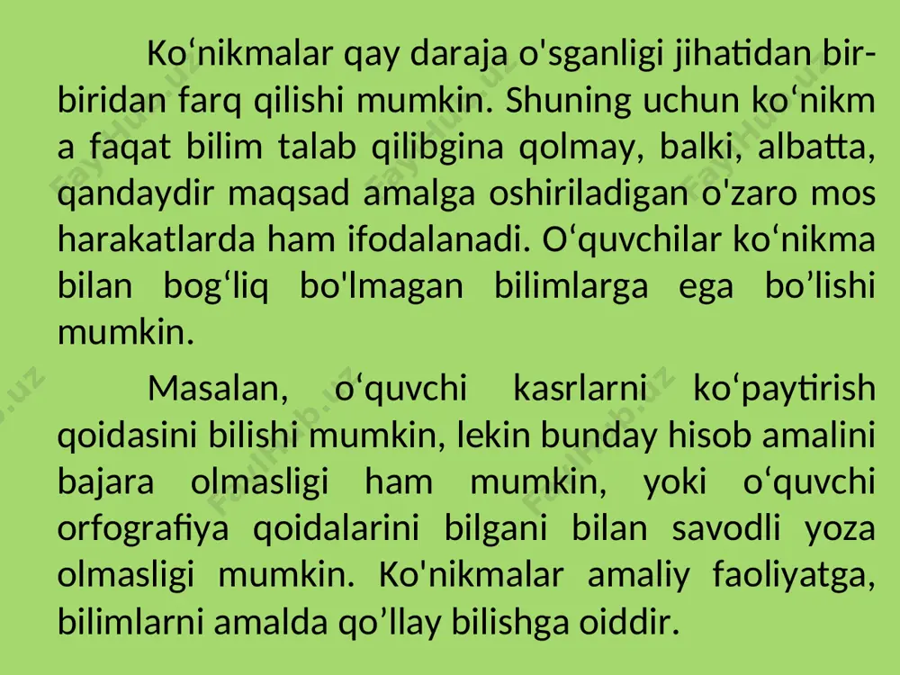 sida orfografiya va matematika sohasida murakkab ko'nikma va malakalar hosil qilinadi. ta’limiy ko'nikma va malakalar hosil qilishda o'quvchilarning aqliy faoliyatlari, ayniqsa, katta o'rin tutadi. bunday ko'nikma va malakalar hosil qilish jarayonida o'quvchilar juda ko'p narsalarni kuzatishlari, o'ylab ko'rishlari, eslarida olib qolishlari va tasavvur etishlari lozim bo'ladi. juda ko'p ta’limiy ko'nikmalarda, ayniqsa, orfografiya va matematika; sohasidagi ko'nikmalarda qilinadigan ish, asosan, aqliy mehnatga ega bo'ladi. lekin bir qator ta’limiy ko'nikma va malakalarda (masalan, yozish, chizmachilik, rasm kabilarda) muskul harakatlari ham asosiy rol o'ynaydi. ta’limiy ko'nikma va malakalarning tarkib topishi zo'r diqqat va iroda talab etadi. o'quvchilarning ayrim hollarda orfografiya jihatidan savodsizligiga (grammatika qoidalariga doir bilimlari bo'lsa ham) xatolarni tuzatish uchun yetarli diqqat qilmasliklari sabab bo'ladi. ta’limiy ko'nikma va malakalarda avtomatlashish hech qachon to'la bo'lmaydi va to'la bo'lishi ham lozim emas. bunday ko'nikma va malakalarda avtomatlashish, ko'pincha, faqat qilinadigan ishning sodda elementlariga qaratilgan bo'ladi. unumli mehnatga doir ko‘nikma va malakalar unumli mehnatga oid …