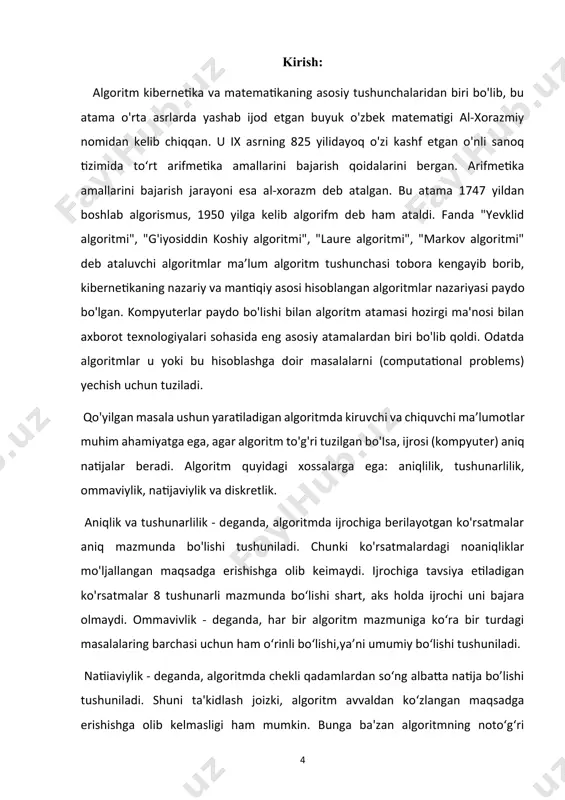 shimcha xotira talab qilmasdan o’z o'rniga saralaydi. faqat bitta pozitsiyaga o‘ng tomonga siljiydigan massivlar qiymati kulrang ko‘rsatgich bilan ko‘rsatilgan (6-satr), qora rangli ko‘rsatgich orqali - kalitning ko’chishi ko‘rsatilgan (8-satr). (e) qismida saralangan massivning yakuniy holati ko‘rsatilgan. insertion-sort prosedurasini yakunlanishida a kiritish massivi saralangan chiqarish ketma-ketligidan iborat boladi. 1-chizma. a = {5,2,4,6,1,3} massivni joylashtirish usulida saralash (insertion-sort). kvadratlar bilan belgilangan massiv elementlarining yuqori qismida elementlar indekslari va kvadratlar ichida mos elementlar qiymatlari berilgan. bu rasmning a-d qismi for sikliga mos keladi. 1-8 qatorida for sikl iteratsiya psevdokodlari (a)-(d) rasm qismiga mos keladi. har bir iteratsiyada qora kvadratlarda а[j] kaliti qiymatlari tashkil topgan bolib, undan chapda joylashgan (psevdakodning 5-satri) kulrang kvadratlar bilan taqqoslanadi. a = {5.2,4,6,1,3} qatorida insertion-sortning ishlashi. array indeces to‘rtburchaklar ustida paydo bo'ladi va qator pozitsiyalarida saqlangan qiymatlar to'rtburchaklar ichida paydo boladi. har bir iteratsiyada qora to‘rtburchak a [j] dan olingan tugmachani ushlab turadi, bu esa kulrang to‘rtburchaklardagi qiymatlari bilan …