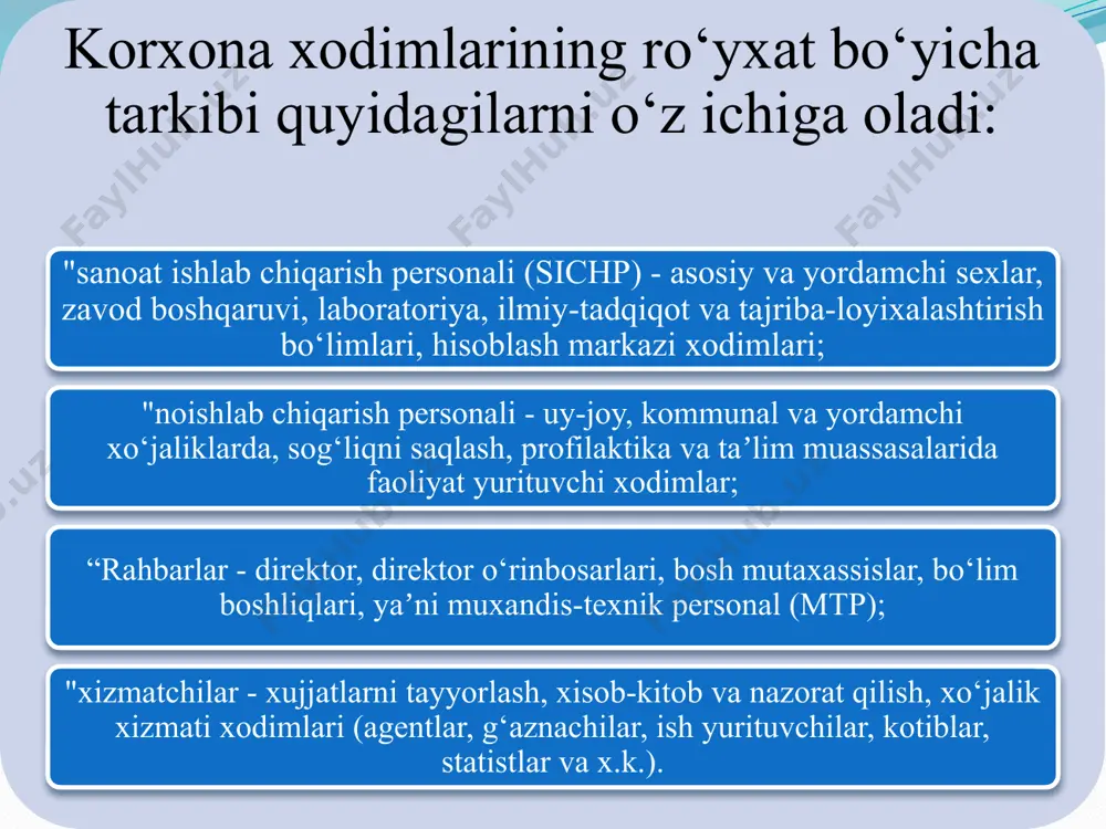 uchastkalarga tadbiq qilishdan iborat. 1. kadrlar salohiyatini taʼriflab bering. 2. saloxiyat (potensial) so‘zini tushuntirib bering. 3. mehnat resurslariga nimalar kiradi? 4. ish xaqining qanday turlari mavjud? 5. ish xaqi soxasidagi siyosatni ishlab chiqish va uni tashkil etishda qanday tamoyillar inobatga olinishi lozim? 6. mehnatga xaq to‘lash usullari. 7. nominal ish xaqi va real ish xaqi nima? 8. mehnatga xaq to‘lashning akkord usuli nima? 9. mehnat unumdorligini ifodalab bering. nazorat savollari e’tiboringiz uchun rahmat! image2.png image4.svg image3.jpg image6.png image4.png image8.png image9.png image10.png image11.png image5.jpg image6.jpeg image14.png image7.png image16.svg /docprops/thumbnail.jpeg