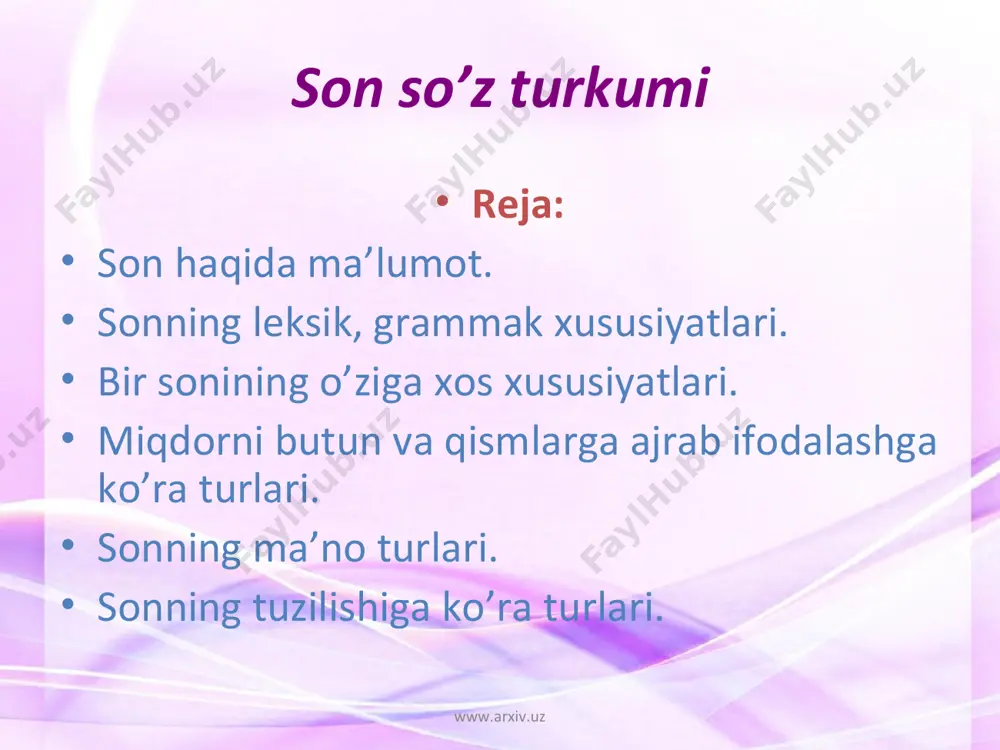 1 metr chit,1 kg shakar: kifoyatxon dasturxonga bir kosa osh,2 ta ravoch keltirdi.(a.q) konteksda konkretlashadi. 1. oldin tilga olinmagan ot oldida kelganda gumon:kattakon yer o’choq oldida bir qariya chirsillab yonayotgan o’tga qarab jimgina o’tiribdi. 2. holat bildiruvchi formasi sifat,ravish, ot oldida kelganda kuchaytiradi. kuchaytirma ravishlari (juda, g’oyat, nihoyatda) kuchaytirma yuklamalar (ham, hatto) kabi. www.arxiv.uz www.arxiv.uz sonning turlari. predmetning miqdorini butunicha va qismlarga ajratib, ifodalashiga ko’ra ikki xil bo’ladi: butun, kasr. 1. miqdorni, sanoqni, predmetning butunligini saqlagan holda ifodalovchi sonlar butun sonlar deyiladi. 2. butunning qismini ifodalovchi sonlar kasr sonlar deyiladi: yarim, chorak, nimchorak. 3. butun va kasr son aralash holda qo’llanilsa, kasrli son – aralash son deyiladi: bir butun, o’ndan ikki. www.arxiv.uz www.arxiv.uz sonning ma’no turlari. sonlar ma’no va grammatik xususiyatlariga ko’ra 2 turga ajratiladi: 1. sanoq sonlar. 2. miqdor sonlar. sanoq sonlar predmetning, ish-harakatning miqdorini, sanog’ini, sonini anglatadi. sanoq sonlar predmetlarni donalab, taqsimlab, jamlab, taxmin-chamalab ko’rsatadi. sanoq sonlar quyidagi …