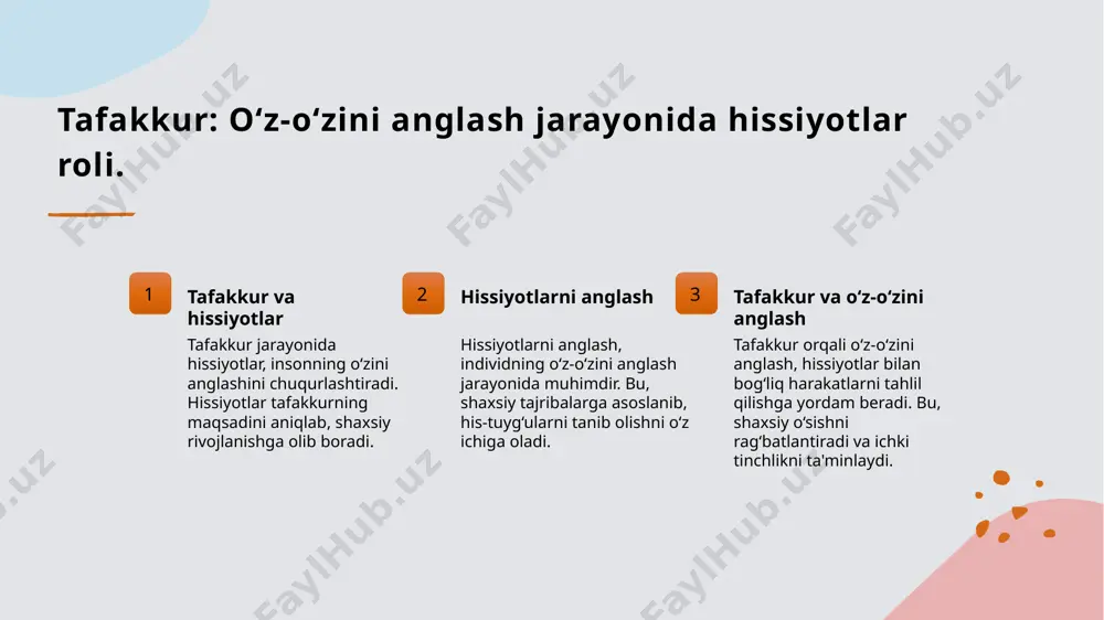 uchun ruhiy salomatlik va shaxsiy rivojlanishda eng muhim vosita sifatida qabul qilinmoqda. shaxsiy rivojlanishda tafakkur va ruhiy holatning ahamiyati. tafakkur va rivojlanish tafakkur, shaxsiy rivojlanish jarayonida muhim rol o'ynaydi, chunki u o'z-o'zini tahlil qilish va o'z hissiyotlarini anglash imkonini beradi. ruhiy holatning ta'siri ruhiy holat, tafakkur jarayonida individualning hissiy va fikriy barqarorligini ta'minlaydi, bu esa shaxsiy o'sishga ijobiy ta'sir ko'rsatadi. o'z-o'zini anglash o'z-o'zini anglash, tafakkur orqali amalga oshiriladi. bu shaxsga o'z qobiliyatlarini va imkoniyatlarini chuqurroq tushunishga yordam beradi. muvaffaqiyatga yo'l tafakkur va ruhiy holat, shaxsiy muvaffaqiyatga erishishda muhim omil hisoblanadi. ular insonni maqsadlariga yo'naltirishda yordam beradi. tafakkur orqali o'z-o'zini anglash: falsafa va ruhiyat. falsafiy asoslar ruhiy izlanish amaliy tafakkur tafakkur, falsafiy nuqtai nazardan, insonning o'zini anglash jarayonida mantiqiy fikrlash va chuqur tahlil qilishni ta'minlaydi. tafakkur ruhiy holatni shakllantirishda muhim rol o'ynaydi, shaxsni ichki tinchlik va ma'naviy o'sish sari yetaklaydi. o'z-o'zini anglashda tafakkur amaliyotlari, masalan, meditatsiya va yozuvlar, shaxsiy rivojlanish va …