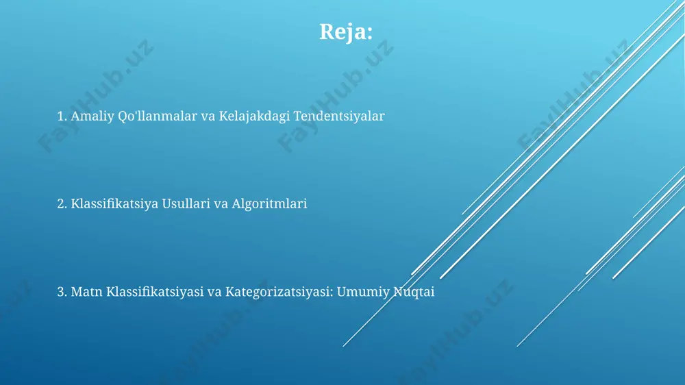 yordam beradi. oʻqitish toʻplami va test toʻplami nisbatini 80/20 yoki 70/30 qilib belgilash, overfitting muammosini kamaytirib, modelning umumlashtirish qobiliyatini yaxshilaydi. xulosa va savollar xulosa qismida kamida 5 ta turli xil matn toifalarini aniqlash va ularning har biriga tegishli misollarning soni (masalan, 1000 ta sport, 500 ta siyosat) keltirilishi lozim. savollar qismida algoritmlarni optimallashtirish, noaniqlikni kamaytirish va 10000 ta matnni qayta ishlash vaqti kabi muhim texnik jihatlar muhokama qilinishi kerak. matn tasniflash va kategoriyalashtirish jarayonida 3 ta asosiy usul (masalan, bayes, svm, chuqur o'rganish) samaradorligini solishtirish natijalari 90% aniqlikka erishganligini ko'rsatadi. kelajakdagi yo'nalishlar va tadqiqotlar katta til modellari (llm) yordamida nostrukturaviy ma’lumotlarni, masalan, ijtimoiy tarmoqlar xabarlarini, 90% dan ortiq aniqlik bilan tasniflash boʻyicha tadqiqotlar kuchayib bormoqda. kam uchraydigan tillar uchun koʻp tilli tekst klassifikatsiyasi algoritmlarini yaratish va 50 ta tildan ortiq ma’lumotlar toʻplamlarini yaratish muhim yoʻnalish hisoblanadi. zero-shot va few-shot oʻrganish uslublari yordamida ma’lumotlarga boʻlgan ehtiyojni kamaytirish va yangi toifalarni tezroq …