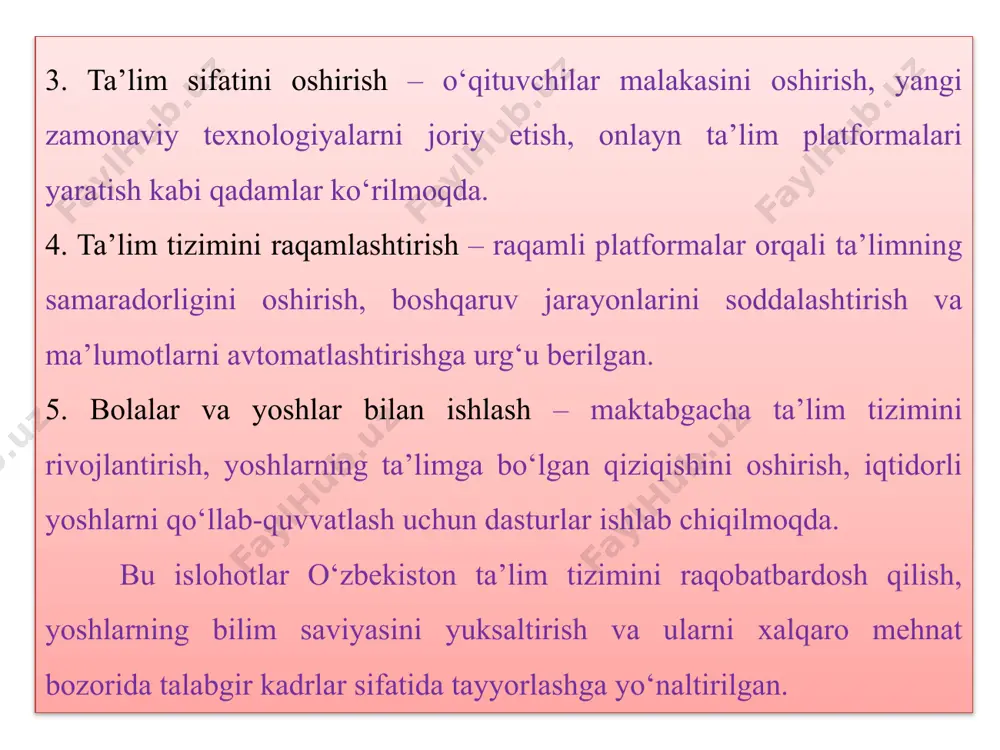 : diqqatni jamlash va aniq ko‘rsatilgan ma’lumotlarni topish, to‘g‘ridan to‘g‘ri xulosalar chiqarish, g‘oyalar va axborotni talqin qilish va uyg‘unlashtirish, kontent va matn elementlarini baholash va tanqid qilish. o‘qish savodxonligining maqsadi: badiiy tajriba orttirish; axborotni olish va undan foydalanish. tushunish jarayoni: diqqatni jamlash va aniq ko‘rsatilgan mа’lumotlarni topish; to‘g‘ridan to‘g‘ri xulosalar chiqarish; g‘oyalar va axborotni talqin qilish va uyg‘unlashtirish; kontent va matn elementlarini baholash va tanqid qilish timss-matematika va tabiiy fanlarni o‘zlashtirish sifatini xalqaro monitoring qilish va baholash tizimi. bu tadqiqot o‘quvchilarning matematika va tabiiy fanlar bo‘yicha boshlang‘ich maktabning 4sinfi va tayanch maktabning 8sinf o‘quvchilarining o‘zlashtirish darajasini dunyoning turli mamlakatlarida qiyosiy o‘rganishni maqsad qilib qo‘ygan va olingan natijalarga muvofiq har bir mamlakatning ta’lim tizimining o‘ziga xos xususiyatlari va yutuqlarini e’tirof etadi. teaching and learning international survey talis–turli mamlakatlarda tashkil etiladigan pedagogik jarayonlarning xalqaro qiyosiy tahliliga asoslangan tadqiqot bo‘lib, xalqaro iqtisodiy hamkorlik va rivojlanish tashkiloti tomonidan ta’sis etilgan. umumiy o’rta ta’lim maktablari …