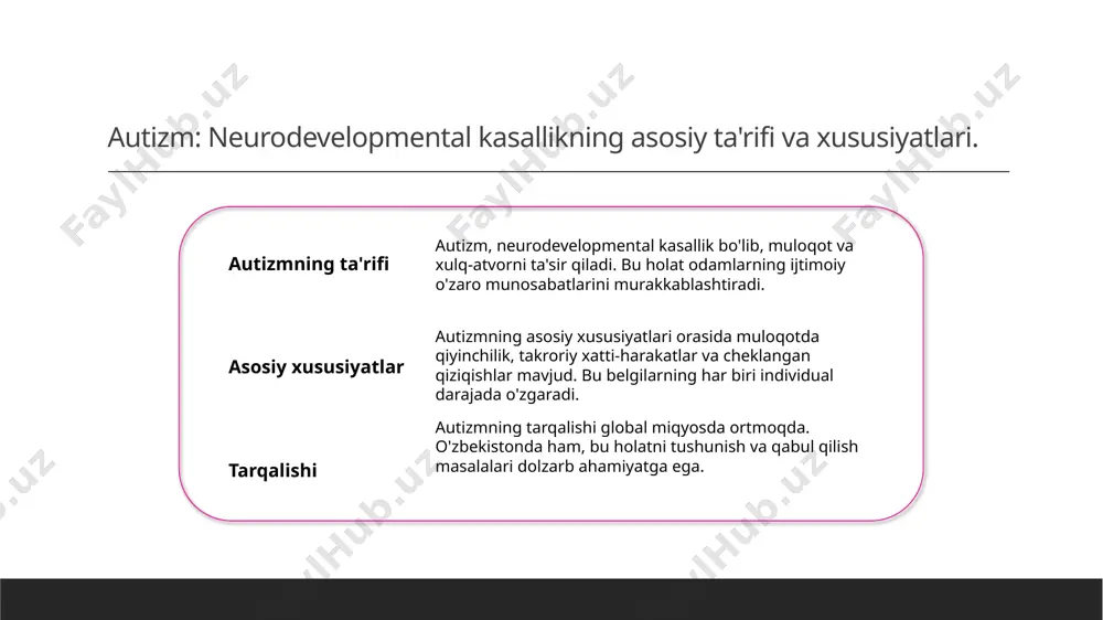 qotlar: yondashuvlar va metodologiyalar. 01 yondashuvlar autizmni o'rganishda multidisiplinar yondashuvlar, psixologiya, pedagogika va ijtimoiy fanlar o'rtasidagi hamkorlikni talab qiladi. bu, bilimlarni kengaytiradi. 02 metodologiyalar tadqiqotlar uchun turli metodologiyalar, masalan, sifatli va miqdoriy usullar, intervyular va kuzatuvlar orqali ma'lumot to'plashni o'z ichiga oladi. 03 o'zbekiston konteksti o'zbekistonda autizm tadqiqotlari, milliy madaniyat va an'analarga mos ravishda olib borilishi, lokal ehtiyojlarga javob berish imkonini yaratadi. ta'limda autizmni qo'llab-quvvatlash: innovatsion strategiyalar va amaliyotlar. ta'lim muassasalari innovatsion metodlar o'qituvchi tayyorgarligi o'zbekistonda autizmga ega bolalar uchun ta'lim muassasalari maxsus dasturlar va o'qituvchilarni tayyorlash orqali qo'llab-quvvatlanmoqda. innovatsion ta'lim usullari, masalan, vizual yordamlar va interaktiv o'yinlar, autizmga ega bolalarning o'qitish jarayonini samarali qiladi. o'qituvchilarni autizmni tushunish va qo'llab-quvvatlash bo'yicha maxsus treninglar o‘tkazish, ta'lim sifatini sezilarli darajada yaxshilaydi. o'zbekistonda autizmni tushunish: madaniy kontekst va interdisiplinar aloqalar. 1 madaniy kontekst o'zbekistonda autizmni tushunish uchun madaniy kontekstni hisobga olish muhimdir. mahalliy an'ana va qadriyatlar autizm bilan bog'liq munosabatlarni shakllantiradi. 2 o'zbekistonda …