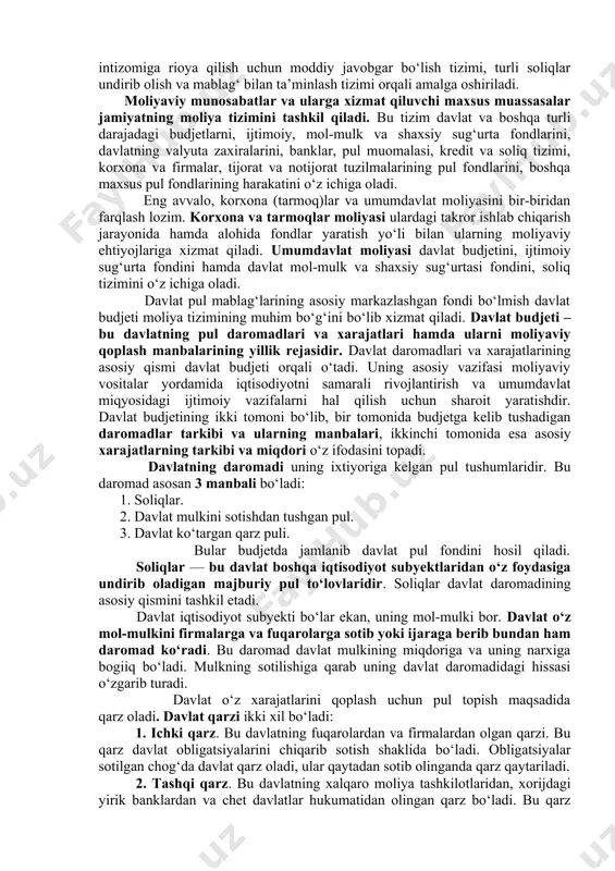 iya iqtisodiyot doirasida o‘zaro bog‘liq bo‘lgan quyidagi vazifalarni bajaradi: 1)iqtisodiy jarayonlarni, loyihalar va tadbirlarni pul resurslari bilan ta’minlash va unga xizmat ko‘rsatish vazifasi; 2) taqsimlash vazifasi; 3) rag‘batlantirish vazifasi; 4) nazorat qilish vazifasi. jamiyat miqyosidagi iqtisodiy faoliyat turli jarayon va tadbirlarning, jumladan, mamlakatni boshqarish, mudofaa qobiliyatini ta’minlash, huquq-tartibot ishlarini yo‘lga qo‘yish, sog‘liqni saqlash, madaniy-ma’rifiy ishlar va boshqalarning amalga oshirilishini taqozo etadi. buning uchun eng avvalo ularni moliyaviy resurslar bilan ta’minlash kerak bo‘ladi. shunga ko‘ra, moliya iqtisodiy jarayon va tadbirlarni moliyaviy ta’minlash, ularga xizmat ko‘rsatish vazifasini bajaradi. moliyaning taqsimlovchi vazifasi moddiy ishlab chiqarish sohalarida yaratilgan yalpi milliy mahsulotni, ayniqsa, uning milliy daromadni tashkil qiluvchi qismini davlat va mulkchilikning turli shakllariga asoslangan korxonalar, iqtisodiyot tarmoqlari, moddiy ishlab chiqarish sohalari, mamlakat hududlari o‘rtasida taqsimlash va qayta taqsimlashda namoyon bo‘ladi. moliyaning rag‘batlantiruvchilik vazifasi, birinchidan, yaratilgan mahsulot qiymatini taqsimlash jarayoni orqali, ikkinchidan, pul fondlarini tashkil qilish va sarflash mexanizmi orqali amalga oshiriladi. moliyadan ishlab chiqarish, …