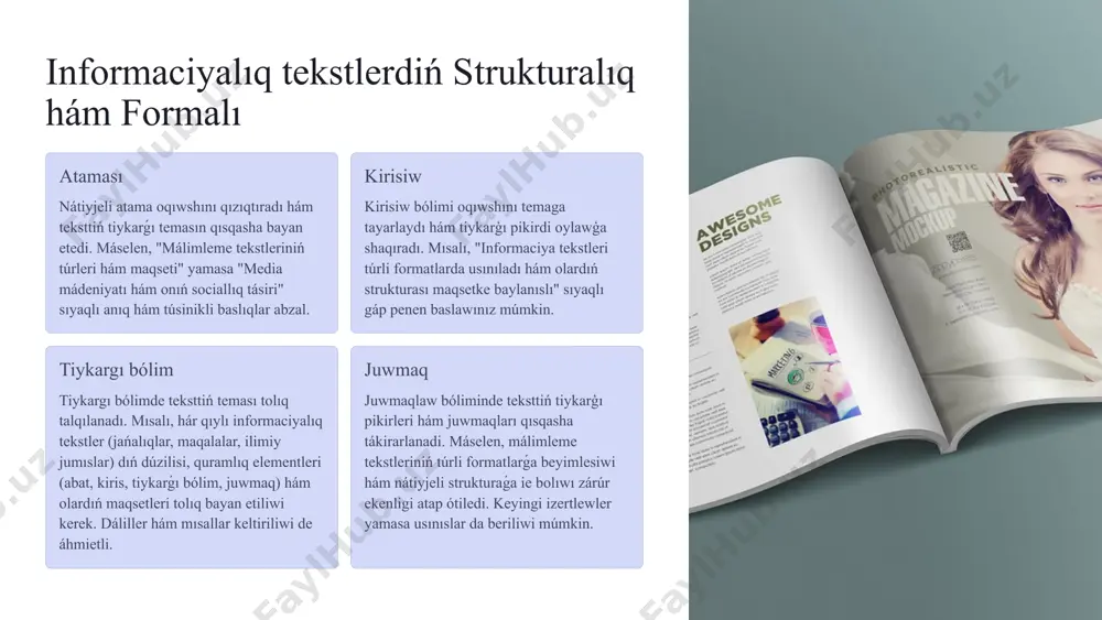 eme tekstleriniń (jańalıqlar, maqalalar, sociallıq media postları hám basqalar) jámietlik pikirge, sociallıq qatnasıqlarǵa hám siyasiy processlerge tásirin anıqlaw áhmietli. tallaw procesi maǵlıwmat derekleriniń isenimliligin hám obektivligin bahalawdı óz ishine aladı. máselen, jańalıq xabarın tallawda, onıń deregin, jazılǵan sánesin hám avtordıń potenciallıq motivaciyasın esapqa alıw kerek. sonday-aq, media tekstlerinde berilgen maǵlıwmatlardıń durıslıǵı hám haqıyqıylıǵın óz betinshe tekseriw zárúr. forması hám usılları media mádeniyatın tallawda, onıń túri hám informaciya jetkeriw usılların tereń úyreniw kerek. bul jerde media tekstleriniń túrleri (tekst, audio, video, interaktiv media hám basqalar) hám olardıń auditoriyaga tásirin tallaw áhmietli. informaciyanıń qalay uzatılıwın, qanday qurallar arqalı tarqatılıwın hám onıń qabıl etiliwin úyreniw kerek. bunnan tısqarı, media mádeniyatınıń quramlıq bólimlerin, sonıń ishinde, sociallıq tarmaqlar, ǵalaba xabar quralları, reklamalar hám basqalardı tallap, olardıń jámietke tásirin anıqlaw kerek. tallaw dawamında obyektivlikti támiyinlew ushın túrli dereklerden magliwmat alıw hám olardı salıstırıw usınıs etiledi. 7 media mádeniyatı hám onıń sociallıq roli 1 media mádeniyatı tek …