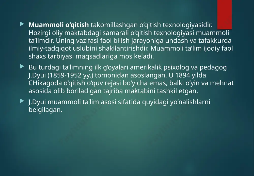 an sabablarni o‘rganish, uni hal etishda ahamiyatli, samarali bo‘lgan yo‘l, metod va vositalarni izlash, ularning samarali ekanligini asoslovchi dalillarni to‘plash, dalillarni yangicha, yangi tahlitda izohlash asosida hal qilinadi. pedagogika sohasida ko‘p holatlarda “muammo” tushunchasi tashkiliy- pedagogik, psixologik, ta’limiy va tarbiyaviy masalalarni hal qilishda qo‘llaniladi. soha nuqtai nazardan pedagogik jarayonda quyidagi xarakterdagi muammolarga murojaat qilinadi: - ma’lum bilimlar, noma’lum bilimlar va mavjud tajriba muammoning tarkibiy qismlari sifatida namoyon bo‘ladi. ta’lim jarayonida muammoni qo‘yish bir necha sathda kechadi. ular quyidagilar: -didaktik xarakterdagi muammo: -amaliy xarakterdagi muammo: -ilmiy-metodik xarakterdagi muammo: -sof ilmiy xarakterdagi muammo. darajalar muammoni qo‘yish mohiyati 1-daraja o‘qituvchi muammoni qo‘yadi va talabalarni uni hal qilishga yo‘naltiradi 2-daraja o‘qituvchi muammoli vaziyatni bayon qiladi va talabalarning o‘zlari mustaqil ravishda muammoni shakllantiradi 3-daraja o‘qituvchi muammoni qo‘rsatib bermaydi, balki unga talabalarni ro‘para qiladi. talabalar muammoni anglagan holda uni o‘zlari shakllantirib, muammoni echish usullarini tahlil qiladi asosiy bosqichlar 1-bosqich masalaning asosini tashkil qiliuvchi muammoni belgilab olish …