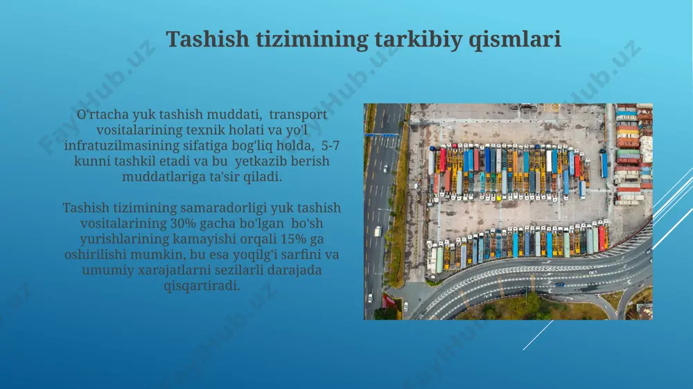 vositalarining texnik holatini muntazam tekshirish, kamida har 3 oyda bir marta, xavfsizlik standartlariga muvofiqligini ta'minlash va avariyalarni oldini olish uchun zarur. yuklarning to'g'ri mahkamlanishi va xavfsizlik kamarlarining ishlatilishi, transport vositalarida 15 tonnadan ortiq yuk tashilganda, 30% gacha yuk tashish xavfini kamaytiradi. e'tiboringiz uchun rahmat @taqdimot_robot image1.jpg image2.jpg image3.jpg image4.jpg image5.jpg image6.jpg image7.jpg image8.jpg image9.jpg image10.jpg