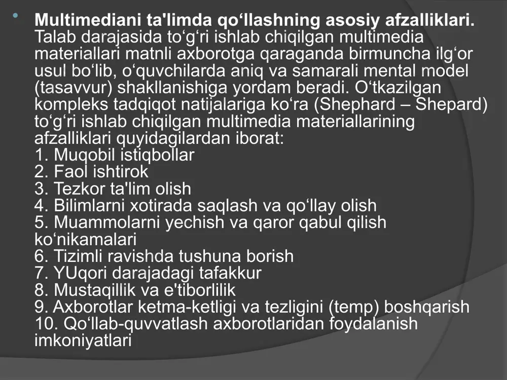 orligini kuzatish; boshlang’ich sinflarda o’tiladigan va o’zlashtiriladigan fan mavzularini animasiya, grafika, multiplikasiya, ovoz kabi kompyuter va axborot texnologiyalaridan foydalanish; boshlang’ich sinf o’quvchilarida o’quv fanlarini o’zlashtirish uchun ko’nikmalar hosil qilish; o’quvchilarning mustaqil ishlashlari va mavzularni o’zlashtirishlari uchun yangi sharoit yaratish kabilar. masofaviy ta’limda pdv ni qo’llash ўргатувчи мультимедиали ўқув курсларидан ташкил топган ўргатувчи тизимни ишлаб чиқиш, уни амалиѐтга жорий қилиш тажрибалари ҳақида фикр юритамиз. бундай тизимларни жорий қилиш натижасида қуйидагиларга эришилади: - fanlar bo’yicha бўйича тармоқ технологиялари асосида (on-line режимида) билим олиш; - талабага қулай бўлган вақт ва жойда билим олиш; - олинган билимларни шу вақтнинг ўзида амалиѐтда синовдан ўтказиш ва баҳолаш; - билим олиш жараѐнида туғилган муаммолар бўйича таълим берувчи билан тармоқ орқали мулоқотга киришиш ва маслаҳатлар олиш; - замонавий воситаларни қўллаш орқали ўқитиш самарадорлигини ошириш; - коммуникация воситалари ѐрдамида электрон ўқув қўлланмаларни тезкорлик билан етказиб бериш ва олиш; - таълим берувчи ва таълим олувчи ўртасидаги доимий мулоқотни ташкил этиш …